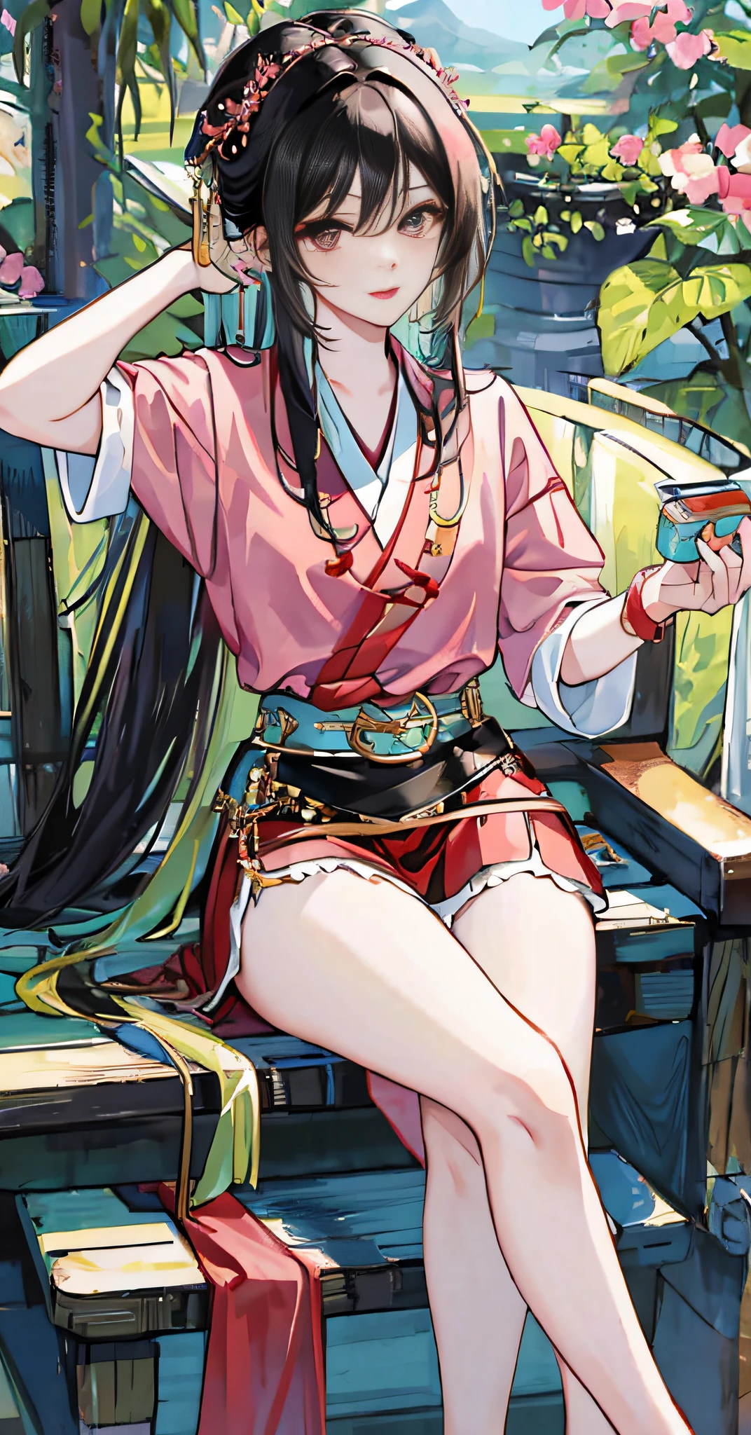 (Masterpiece, Top Quality, Best Quality, Official Art, Slim Legs, High Heels, Beauty and Aesthetics: 1.2), Tifa, Eyeliner, Mascara, Black_eyes, Black_hair, Long Hair, Lipstick, Hanfu, Tang Style Costume, 1 Girl, Pink Uphill, Red Pleated Skirt, Green & Pink Belt, Red Pibo, Extreme Details, (Fractal Art: 1.3), Colorful, Supreme Detail, Denim Shot, Jewelry, Vibrant Movement, Facing the Audience,