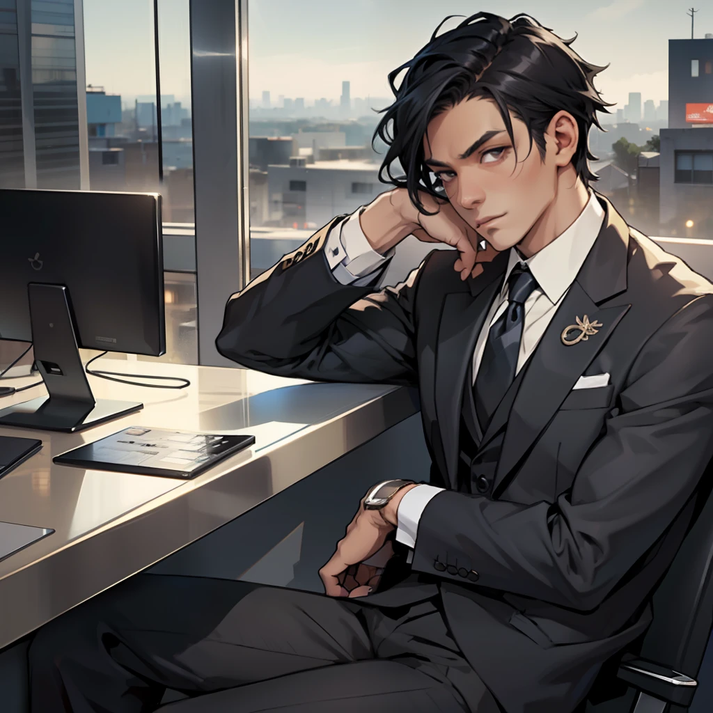 Man dressed in suit, thoughtful look of black hair, sitting within a meter of tokio --auto --s2