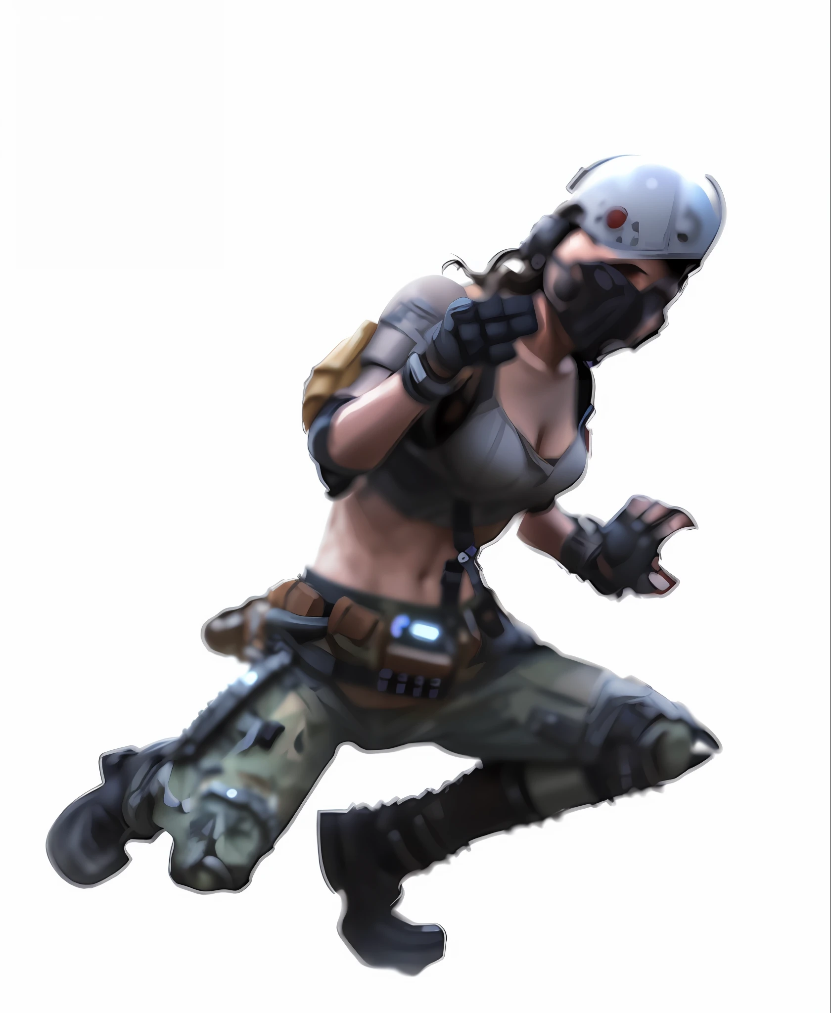 Arafeld female in full body armor and helmet, crouching, fighting pose, video game character, fighter pose, mercenary, combat action pose, battle pose, post-apocalyptic explorer, attack pose, mechanized soldier girl, dieselpunk girl, post-apocalyptic scavenger, 3d rendering, cinematic light source with gun in hand in game rendering
