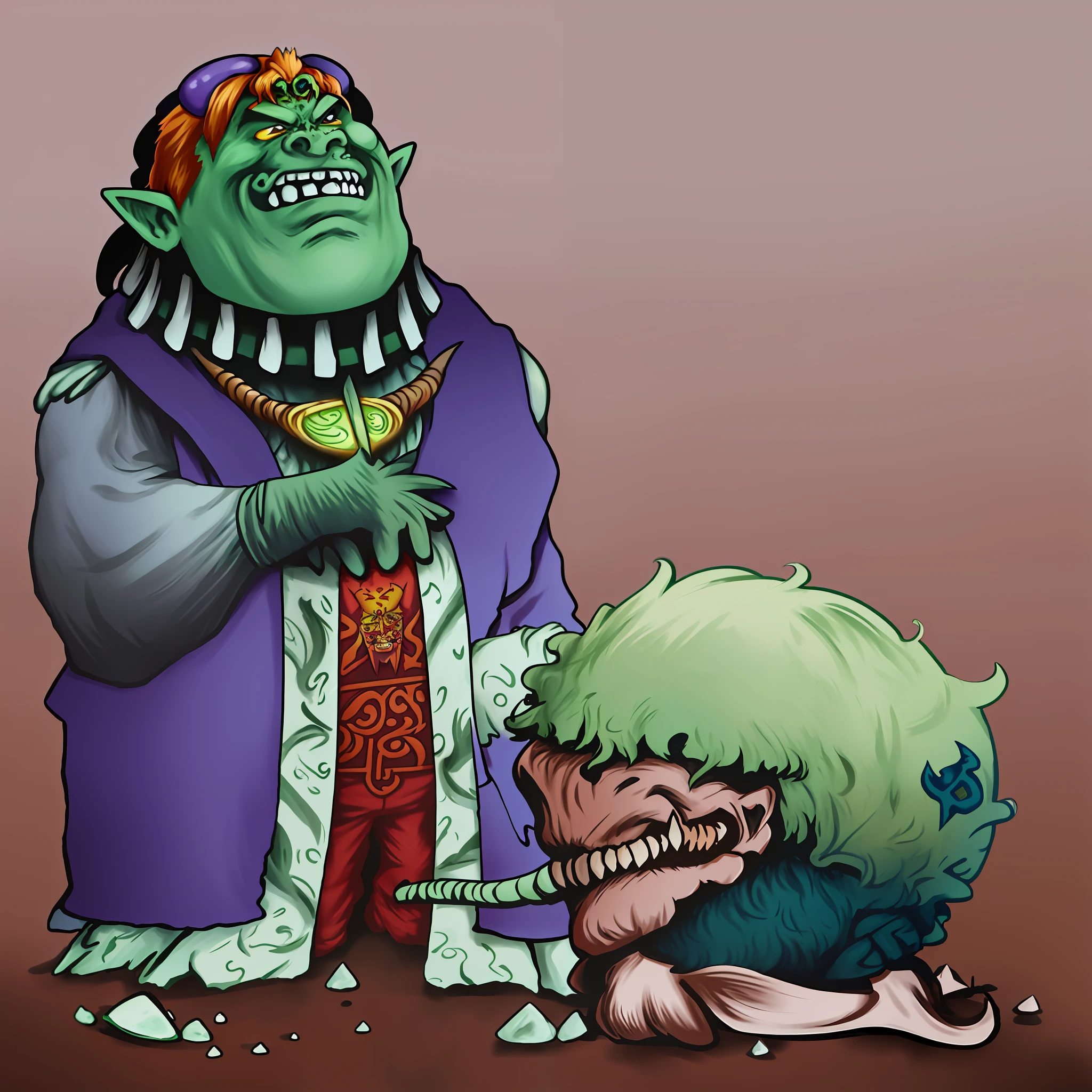 cartoon of a man kneeling down with a green monster on his knee, full color illustration, ganondorf, epic full color illustration, full color digital illustration, inspired by Patrick Woodroffe, goblin, arabic orc, goblin art, full art illustration, drak fantasy goblin, hunchbacked, ogre, inspired by Richard Corben, published art