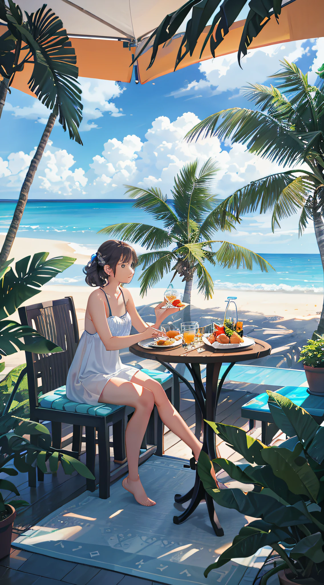 A scene themed around a tropical beach holiday in summer. Surrounded by palm and coconut trees, under the trees on the beach is the dining table, dazzling midday sun, distant view of the sea, daytime outdoor lights (beach 1.5), tropical plants, hot weather, HD detail, hyperdetail, cinematic, surrealism, soft light, ray tracing, diffuse reflection (ultra-fine glass reflection) and surrealism.