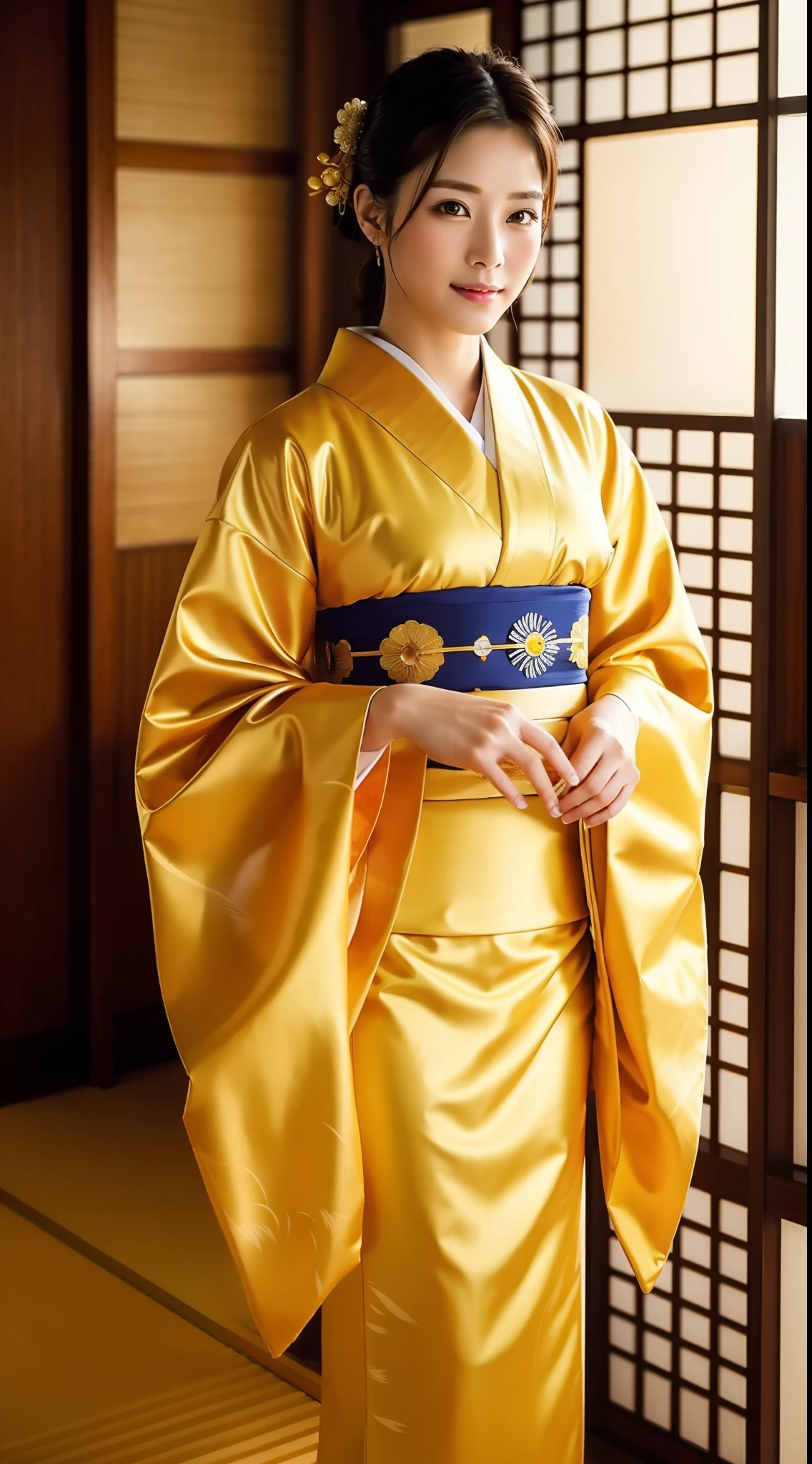 masterpiece, photorealistic, top quality, golden, kimono, decoration