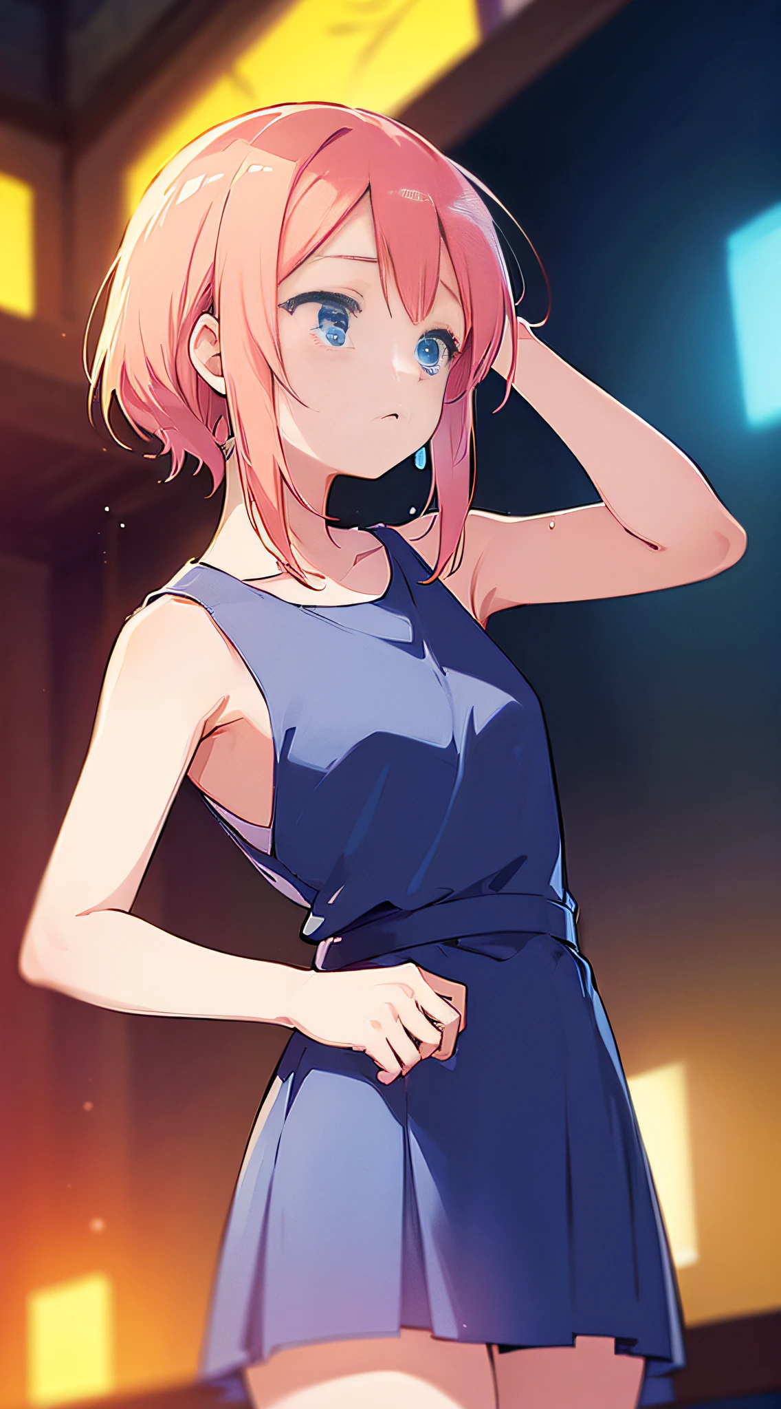 (Best Quality,Looking Away:1.5), Anime, Anime Art Style, Anime Coloring, Anime Screen Cap, Yuyushiki, Girl, , Sweat, Sleeveless Dress, Dramatic Angle,