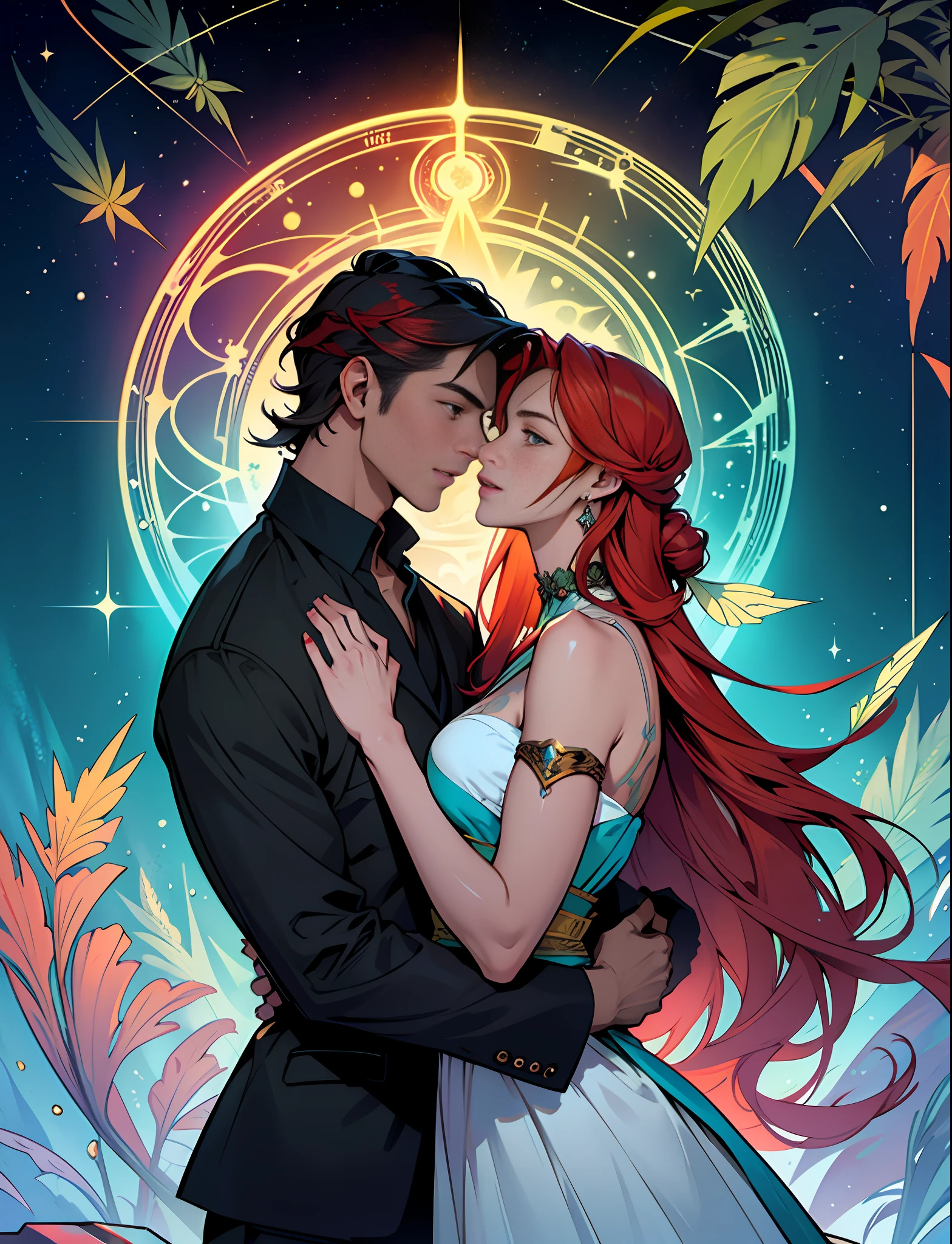 Perfect Eyes, Hemp, Leaf, Marijuana, Cannabis Bump, ((Illustration)), Colorful, Wallpaper, Energy, Unknown Horror, Secret, Magical Environment, Magical Environment, Magic Wand, Books, Pages Flying in the Sky, Omniscience, Predicting the Future, Understanding the Past, Frost Magic, Warlock, Magic Circle, Pentagram, Spells, Chant Magic, Red Hair, Long Hair, Close-Up The Most Beautiful Beautiful Woman and Man, Stylish, Fashionable, Perfect, Elegant tenderness, trendy artstation, Romance, Passion, Cool, Lovers, Lovers, Touch, Weasel from the galaxy of stars underwater, Hyperdetailed, Retrofuturistic, Abstract art, Art by Leonid Afremov, Kandinsky, Psychedelic --v 6