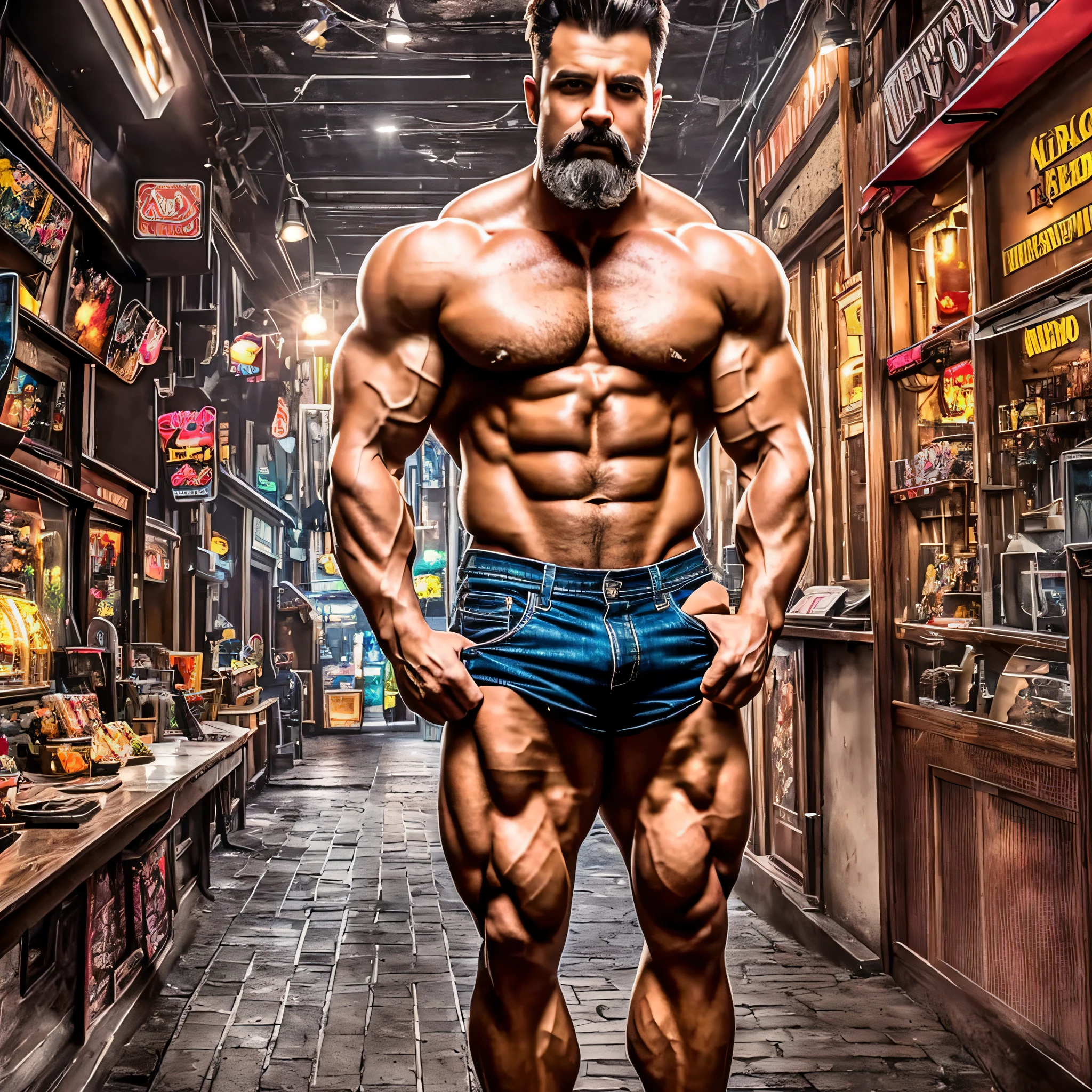 (Highest quality, amazing details: 1.8), masterpiece, original characters, natural volumetric lighting and best shadows, ultra-detailed, best quality, ultra high resolution, professional lighting, photon mapping, radiosity, physically-based rendering, cinematic lighting, deep depth of field, sharp focus, portrait of 45 year old man muscular, bodybuilder, incredibly beautiful, full body, handsome face manly, and attractive with eyes seductive browns, seductive smile, bearded hair and mustache shaggy shaggy windswept hairstyles, thick hairstyles in medium layers, thick lips parted, wearing black leather shirt, (bokeh: 1.2) pose, (messy painted body: 1.05), (background an arcade shop: 1.15), arcade (standing with hands in pocket: 1.2), short hair, ((blush)), overexposure --auto --s2
