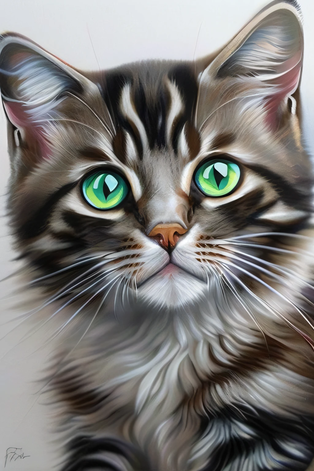 Kitten, Fluffy, Award-winning work, written in pencil, beautiful detailed face, trending on artstation, by Artgerm and Vincent di Fate