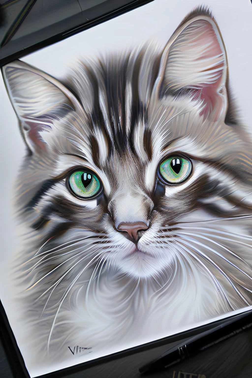 Kitten, Fluffy, Award-winning work, written in pencil, beautiful detailed face, trending on artstation, by Artgerm and Vincent di Fate