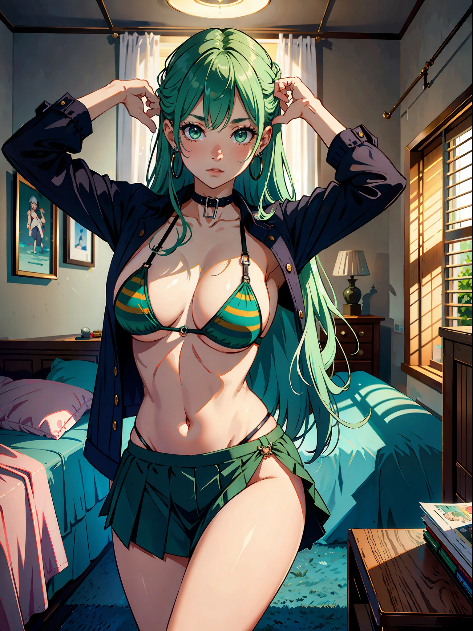 (butt), (bedroom), (sexy girl), masterpiece, best quality, full body, 1girl, bangs, blush, breasts, collarbones, ear piercings, eyebrows visible through hair, (gradient green hair), jewelry, long hair, looking at the viewer, piercings, (undress), (striped underwear), (unbuttoned shirt), (panties), (takes off skirt), bright eyes, ring, (solo), illustration, fashionable, woman, posing, background, elements, confident, expression, hold, accessory, majestic, rolled, around, touch, scene, eye-catching, larger, focus, dynamic pose