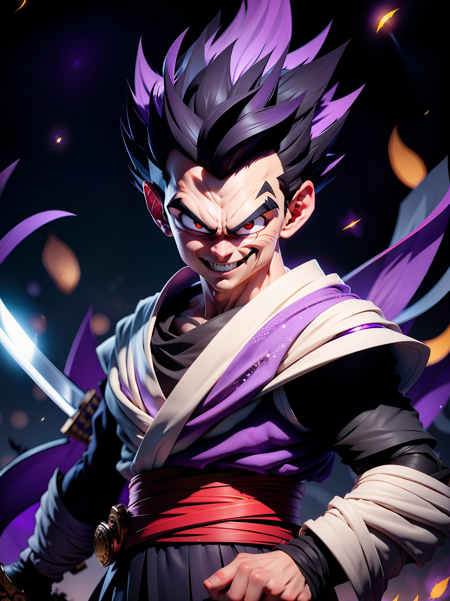 masterpiece, best quality, 1boy, vegeta, Black hair, upper white armor, kimono black clothes, white gloves, white boots, black eyes, spiky hair, hollow mask, (katana:1.4), zanpakutou, smiling,( at night:1.4), night, low light, natural light, fighting pose, damaged clothes, damaged skin, street, japanese street, low light, light rays, aura power, (purple particles:1.4),(floating particles:1.4), doing a power, angry eyes, looking ahead, male focus, muscles, movie composition, deth of field, bokeh, standing, full body