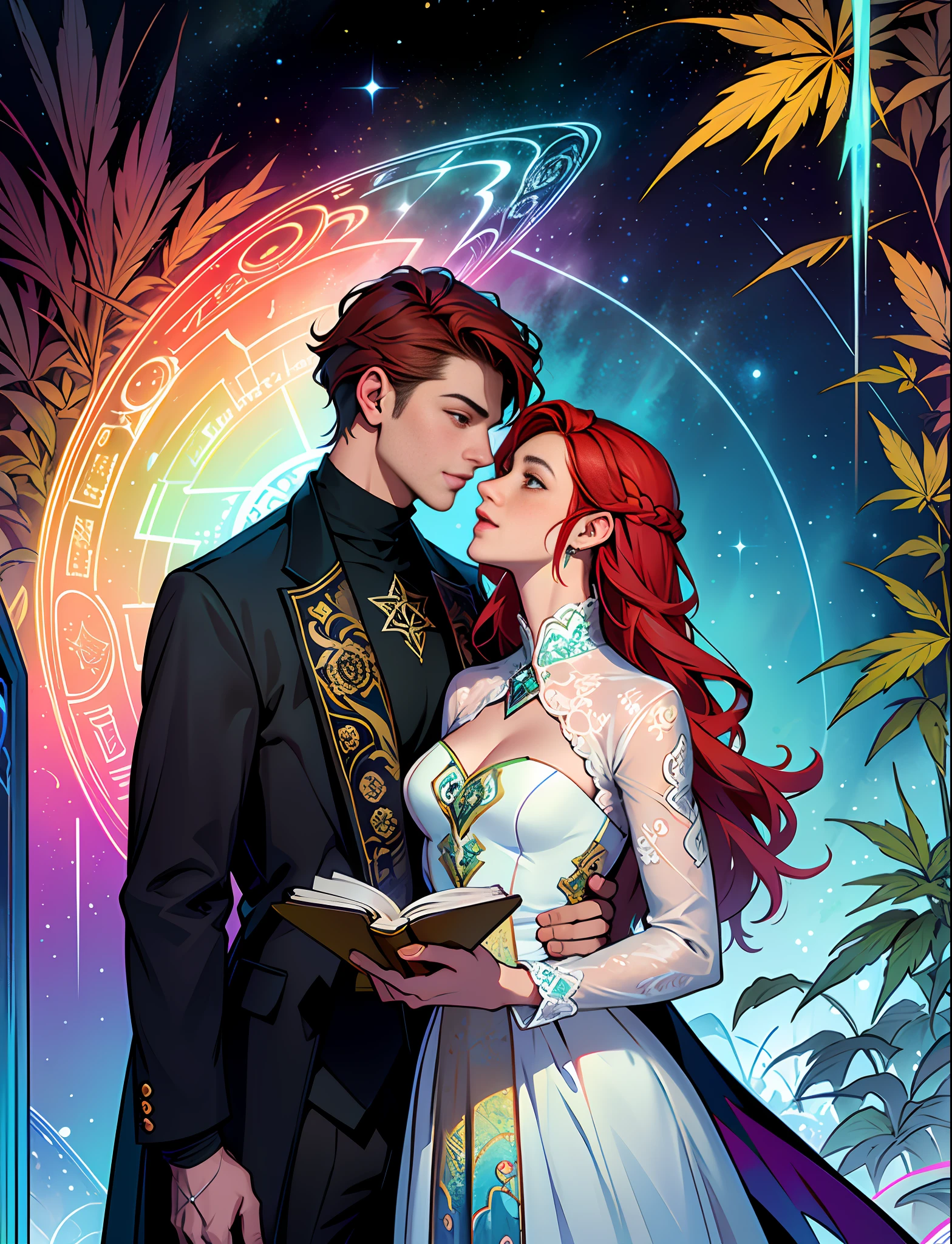 Perfect eyes, Hemp, leaf, marijuana, ((illustration)), colorful, wallpaper, energy, unknown horror, secret, magical environment, magical environment, magic wand, books, pages flying in the sky, omniscience, prediction of the future, understanding the past, frost magic, warlock, magic circle, pentagram, spells, chant magic, red hair, long hair, close-up of the most beautiful beautiful woman and man, stylish, fashionable, perfect, elegant tenderness, trendy artstation, Romance, Passion, Cool, Lovers, Lovers, Touch, Weasel from the galaxy of stars underwater, Hyperdetailed, Retrofuturistic, Abstract art, Art by Leonid Afremov, Kandinsky, Psychedelic --v 6