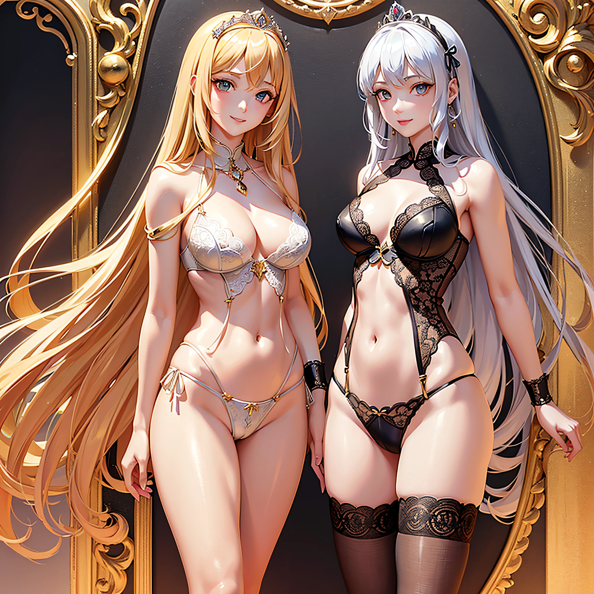 (Masterpiece, Top Quality, Best Detail, Official Art, Beautiful and Aesthetic, (2 Girls: 1.3), Highly Detailed, (Fractal Art: 1.1), (See-through: 1.3), (Lingerie Dress: 1.5), (Low-rise Panties: 1.5), (Cowboy Shot: 1.5), (Shiny Skin), (Mekosuji: 1.4), (Tiara: 1.4), Breasts in shape, slim waist, golden hair, looking at the viewer, detailed eyes, metal ornaments, very delicate details, frontal figure, smile, photon mapping, stockings,