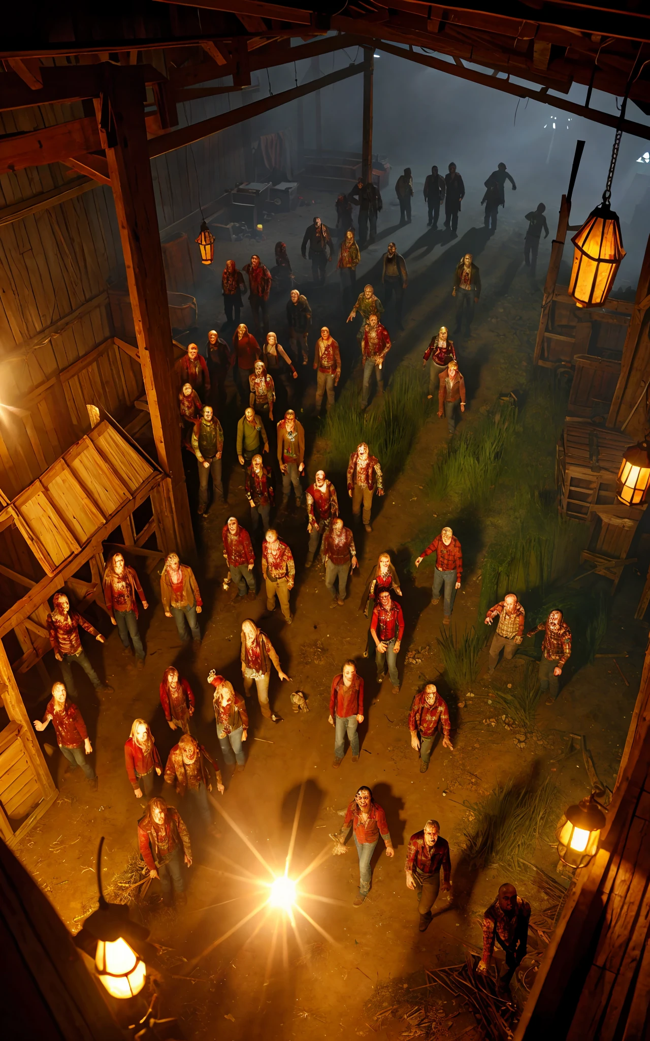 Sim style photo of a group of zombies in a cluttered barn, cinematic lighting, (from below: 1.4), high resolution, crazy detail, intricate detail, super detail, vista