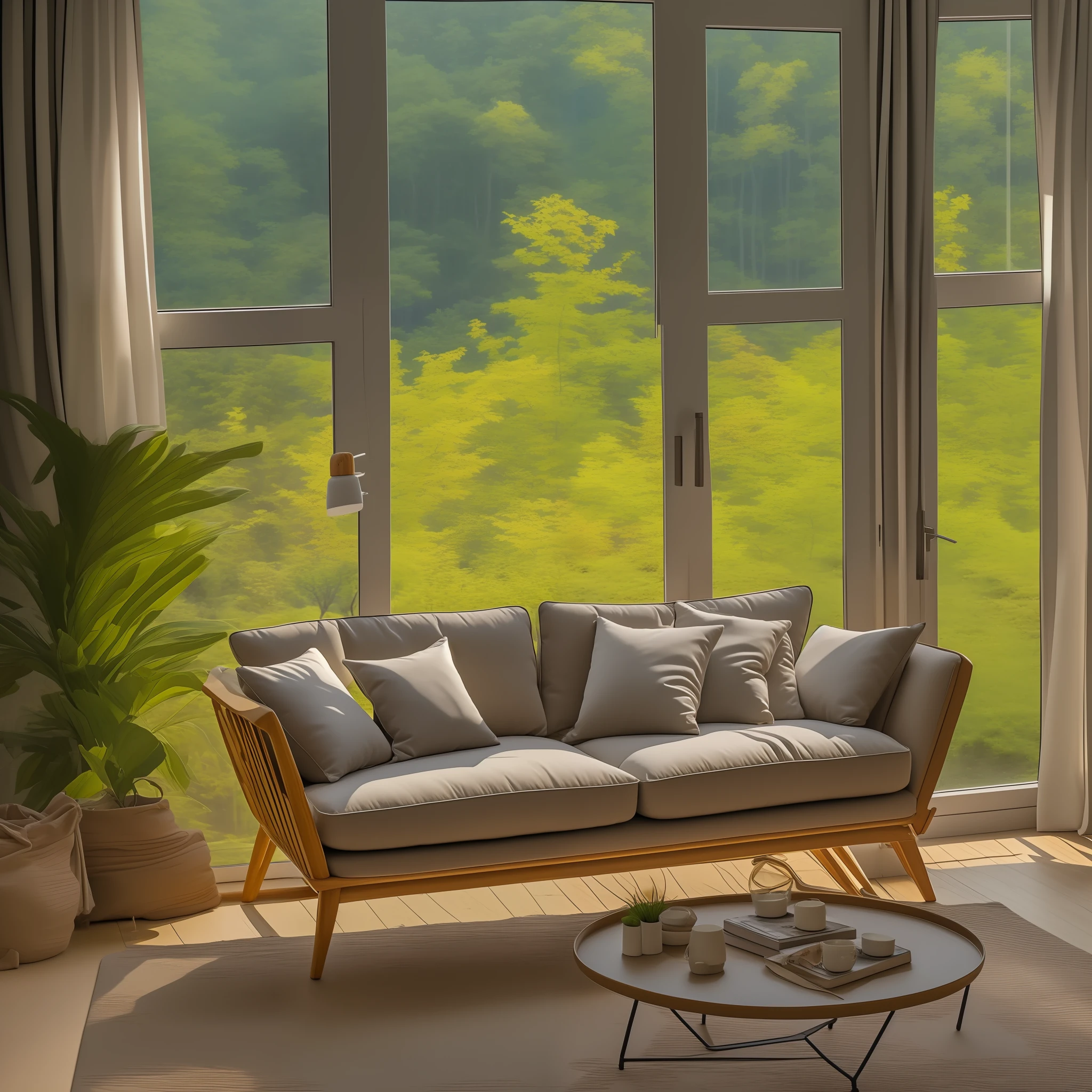 Cozy, big, big window glasses, nature scene, night time, little light, sofa