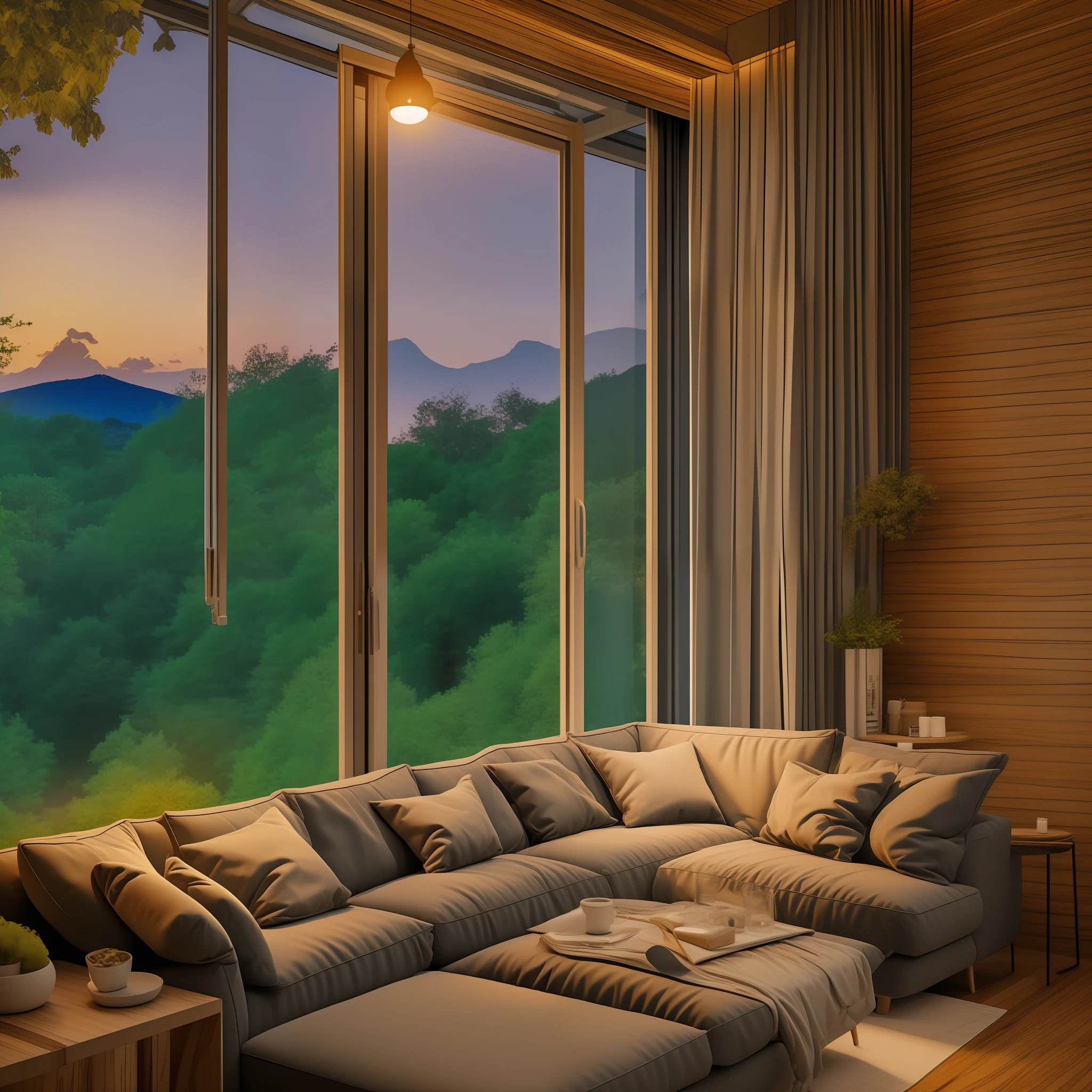 Cozy, big, big window glasses, nature scene, night time, little light, sofa