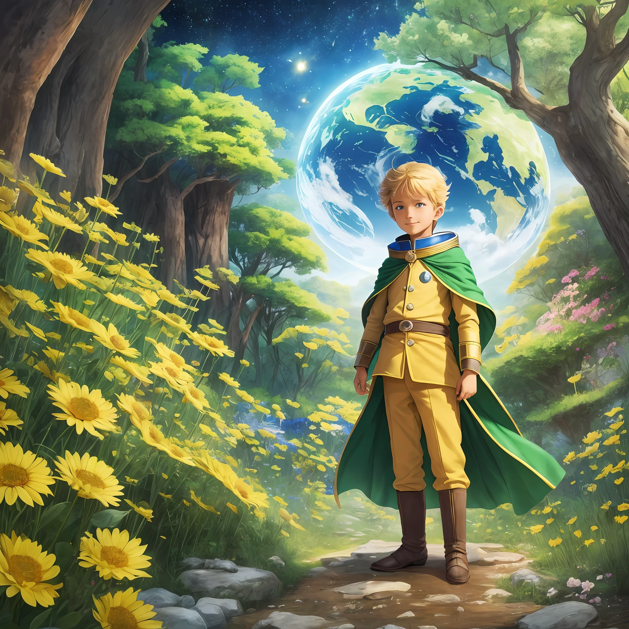 The little prince of Earth, a child from a distant planet, came to our planet after embarking on a journey to explore the universe.

The little prince of Earth is dressed in a bright starry sky costume, his eyes shining with curiosity and enthusiasm. His smile was like a spring breeze, exuding warmth and tolerance.

He is like a blooming flower, exuding a pure and fresh breath. His demeanor and words are full of wisdom and kindness, and he is a true observer and protector.

The little prince of the earth clasped his hands together and quietly observed everything on the earth. He saw the kindness and friendship of people, the magnificence and magic of nature, and the destruction and harm that human beings have done to the earth.

Although he sees various problems and challenges on Earth, the little prince of Earth has not lost hope in humanity. He believed that human beings could change and return to a state of harmony with nature.

The Little Prince of Earth walked into the crowd to communicate and learn from people. He looks for the goodness and beauty in everyone's heart with warm eyes, and he guides them to the right path with wisdom and sincerity.

The little prince of the earth is not just a bystander, he is actively involved in solving the problems of the earth. He works with people to plant trees, protect the ecology of animals and plants, and promote sustainable and environmental action.

The little prince of the earth gives people hope and courage, and his presence awakens kindness and responsibility in people's hearts. He became a true guardian of the earth, bringing wisdom and hope to our home.

The little prince of the earth brings us more thoughts and enlightenment in his unique way, and his presence makes us understand the close connection between human beings and the earth, and our responsibility to the earth.

The Little Prince of the Earth is a spiritual guide and beacon, under his guidance, we can work together to protect the earth and create a bet