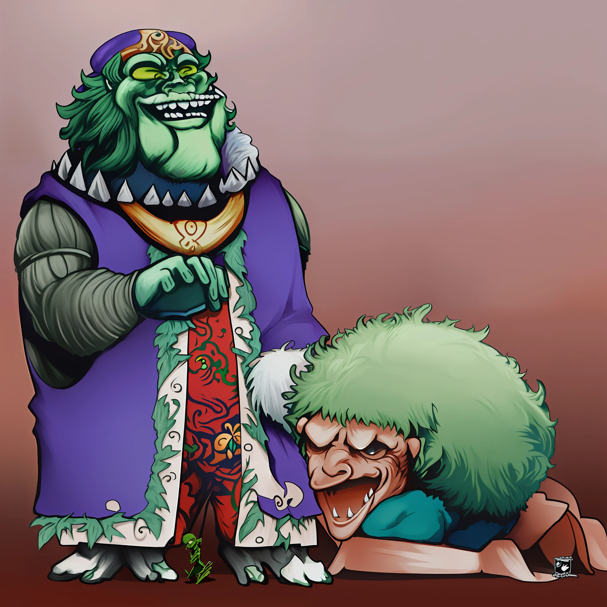 cartoon of a man kneeling down with a green monster on his knee, full color illustration, ganondorf, epic full color illustration, full color digital illustration, inspired by Patrick Woodroffe, goblin, arabic orc, goblin art, full art illustration, drak fantasy goblin, hunchbacked, ogre, inspired by Richard Corben, published art