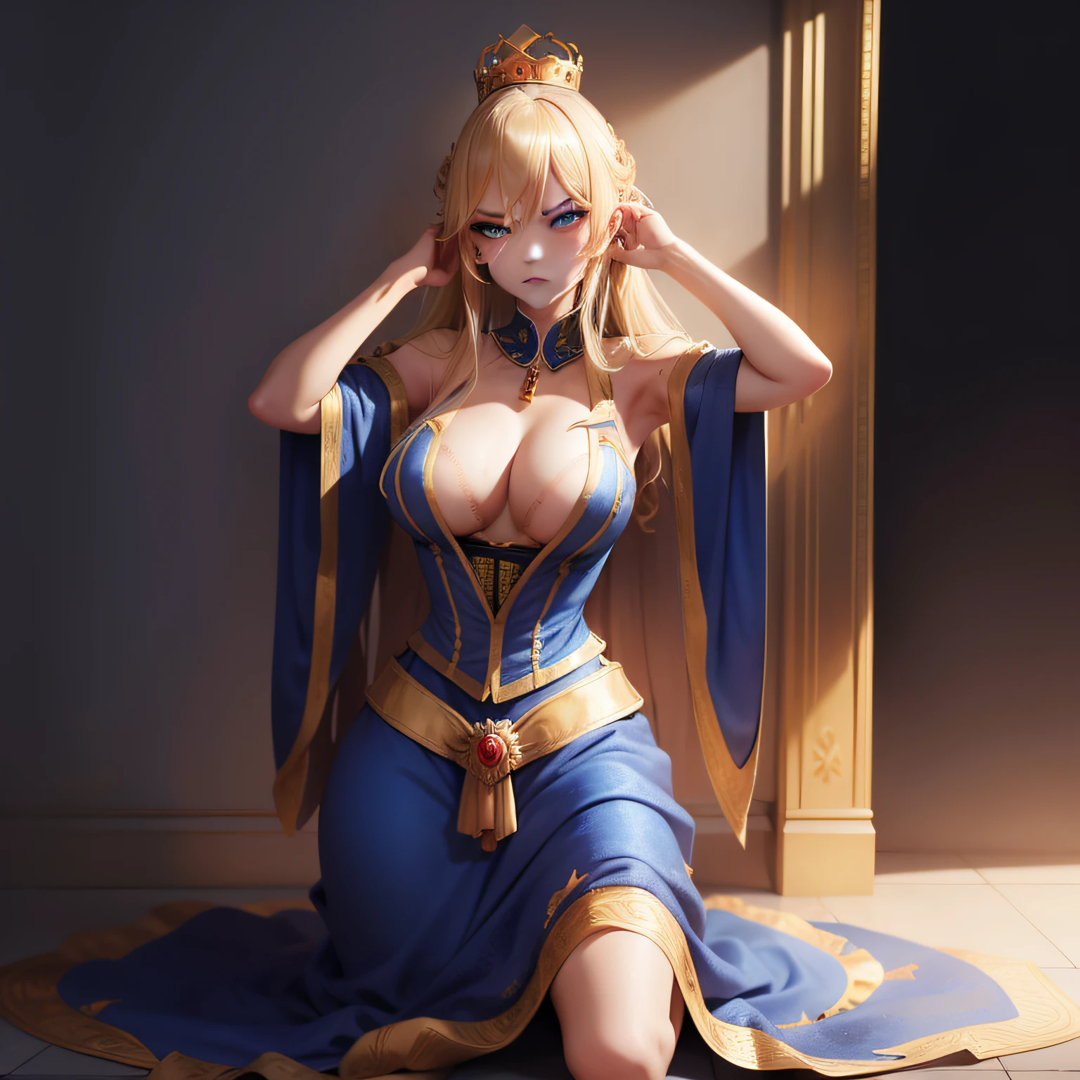 (masterpiece:1.2), (best quality:1.2)solo focus, an evil tall blonde queen surrenders to invaders, hair loose, disheveled hair, blue and gold dress, undressing, torn clothes, running makeup, lipstick, mascara, mature queen, kneeling, hands raised above head, wrists crossed, angry, pride broken, humiliated, royal court, siege, invaders, medieval