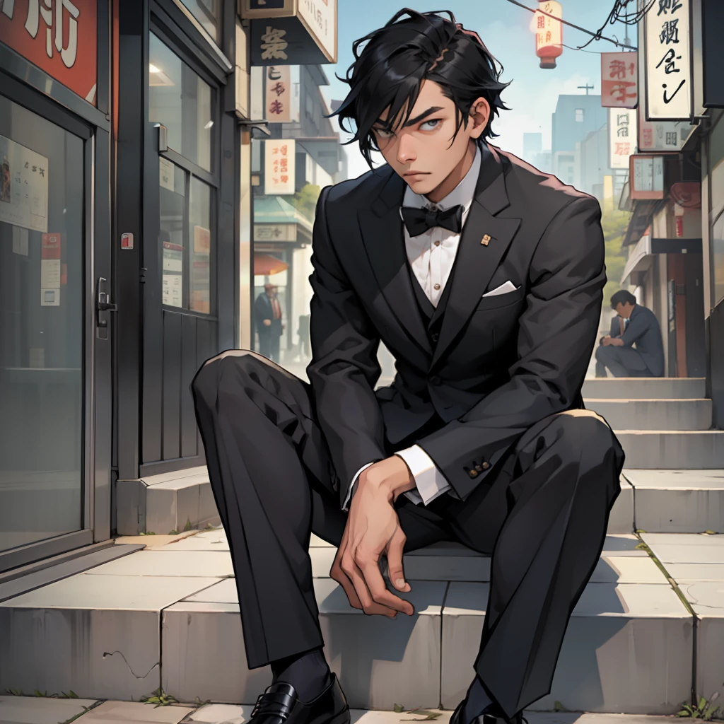 Man dressed in suit, thoughtful look of black hair, sitting within a meter of tokio --auto --s2