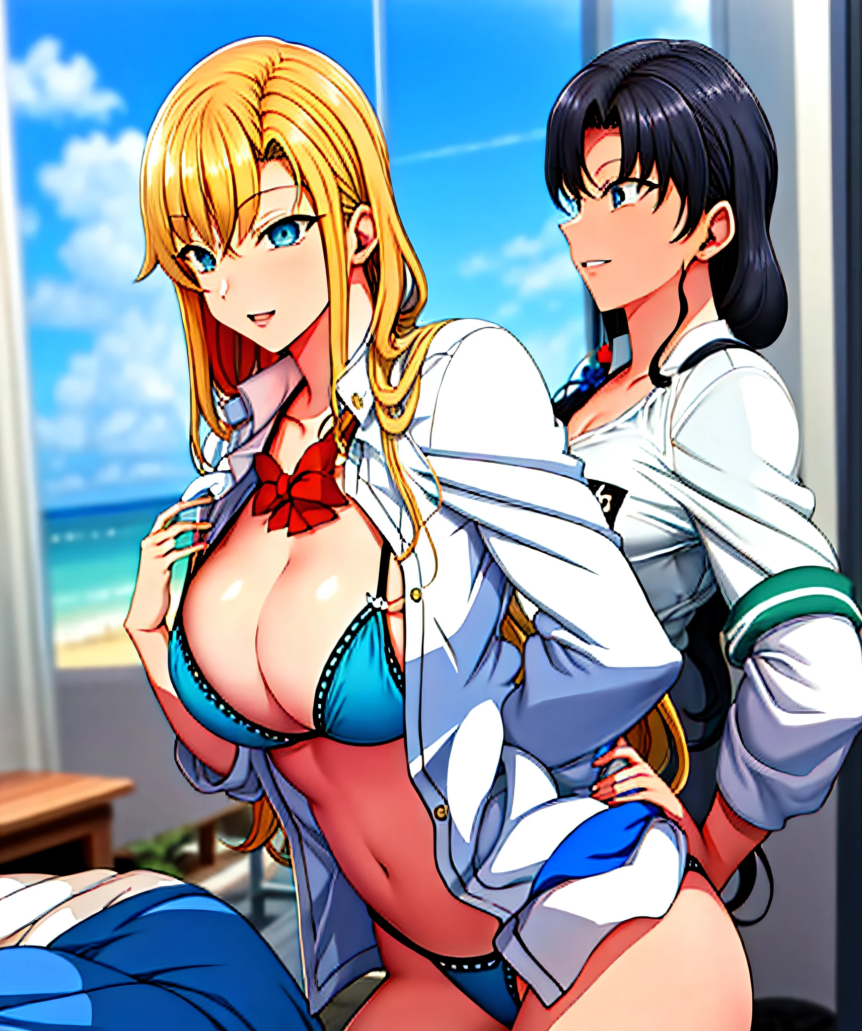 (高画质,masterpiece, ultra-detailed)(Distant view,Sea・Beach・Blue sky)(Swimsuit,Bikini・Micro bikini)(Character,VIPPER・Hair fastener・School uniform・Shirt)(Pose,Upper body・Chest hold・Bow tie),Blonde hair、Blue eyes、Ribbon、Earrings,Woman with jewelry,Long hair,Gal style design,Hair rotation