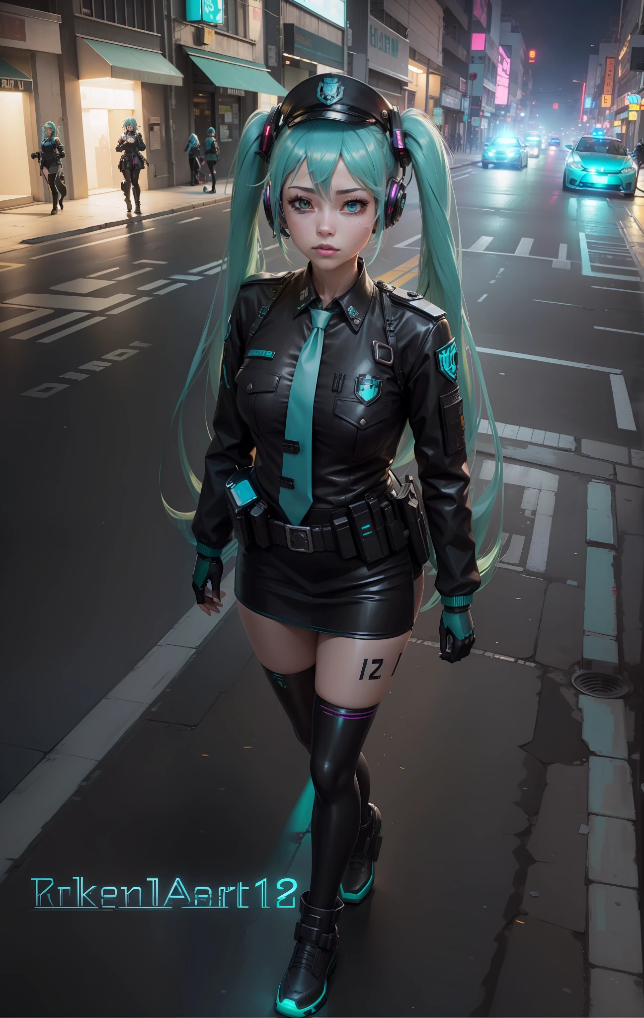 woman in police uniform walking down a street, Hatsune Miku cosplay, female cyberpunk anime girl, cyberpunk anime, cyberpunk anime girl, anime cosplay, cyberpunk girl, anime girl in real life, cyberpunk streets in, cyberpunk style, cyberpunk outfit, has cyberpunk style, oppai cyberpunk, full cosplay