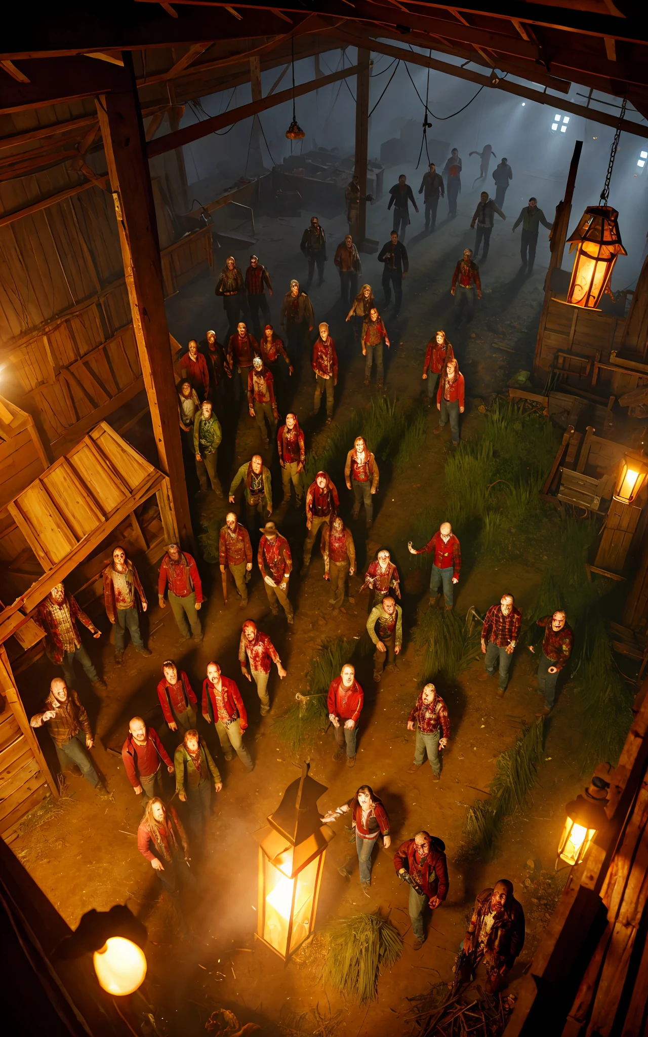 Sim style photo of a group of zombies in a cluttered barn, cinematic lighting, (from below: 1.4), high resolution, crazy detail, intricate detail, super detail, vista