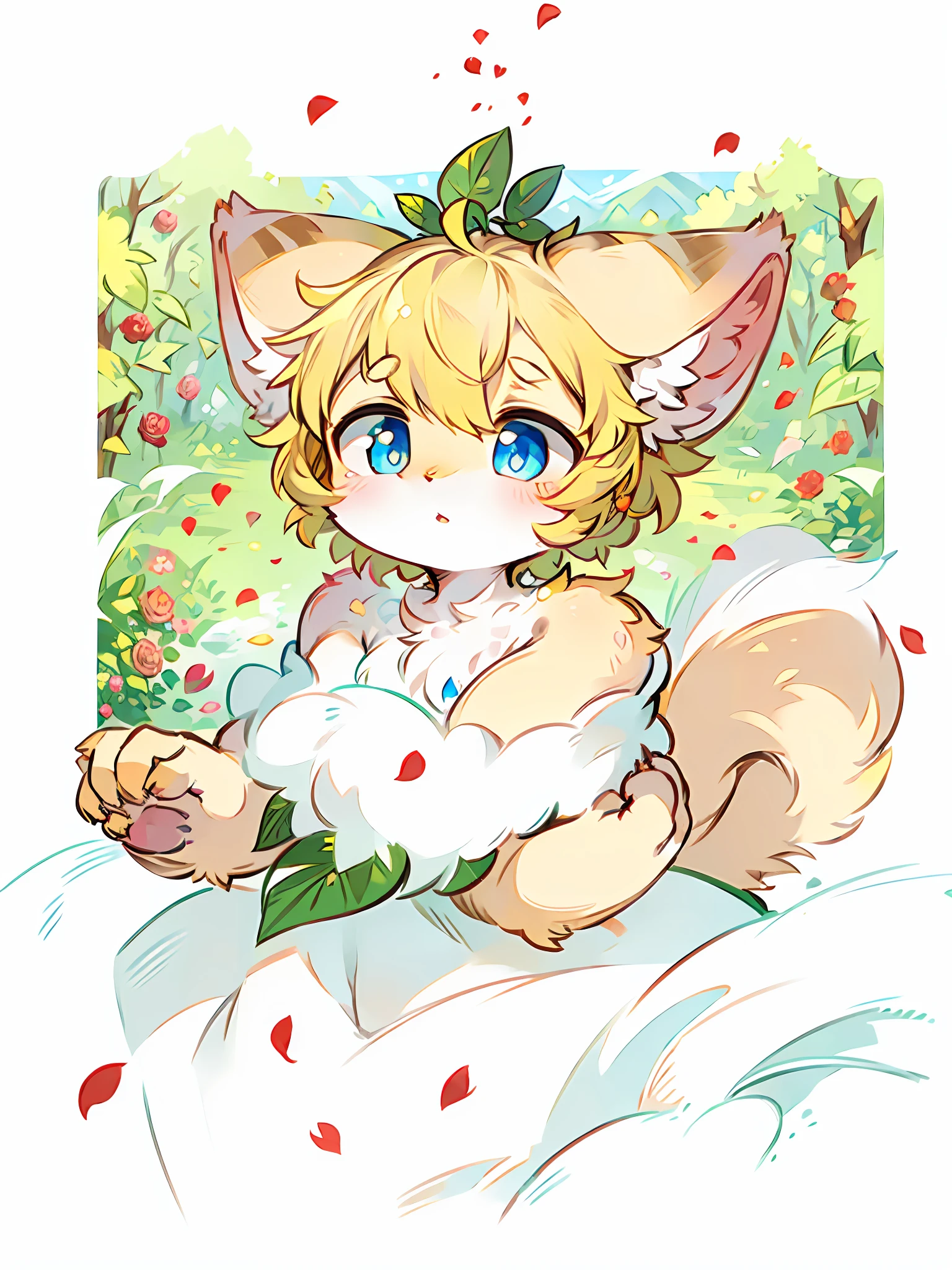 ((Masterpiece)), highest image quality ((furry)), ((pair of yellow cat ears)), ((cat tail)), blue pupils, short hair, leaves, delicate hair, delicate skin, cute, yellow hair, dull hair, delicate eyes, cute beast, rose petals floating in the air, a leaf on the head, Zhengtai, white clouds, forest, sunlight, hair fluttering, garden, masterpiece, wild rose bushes, clover, silly painting style