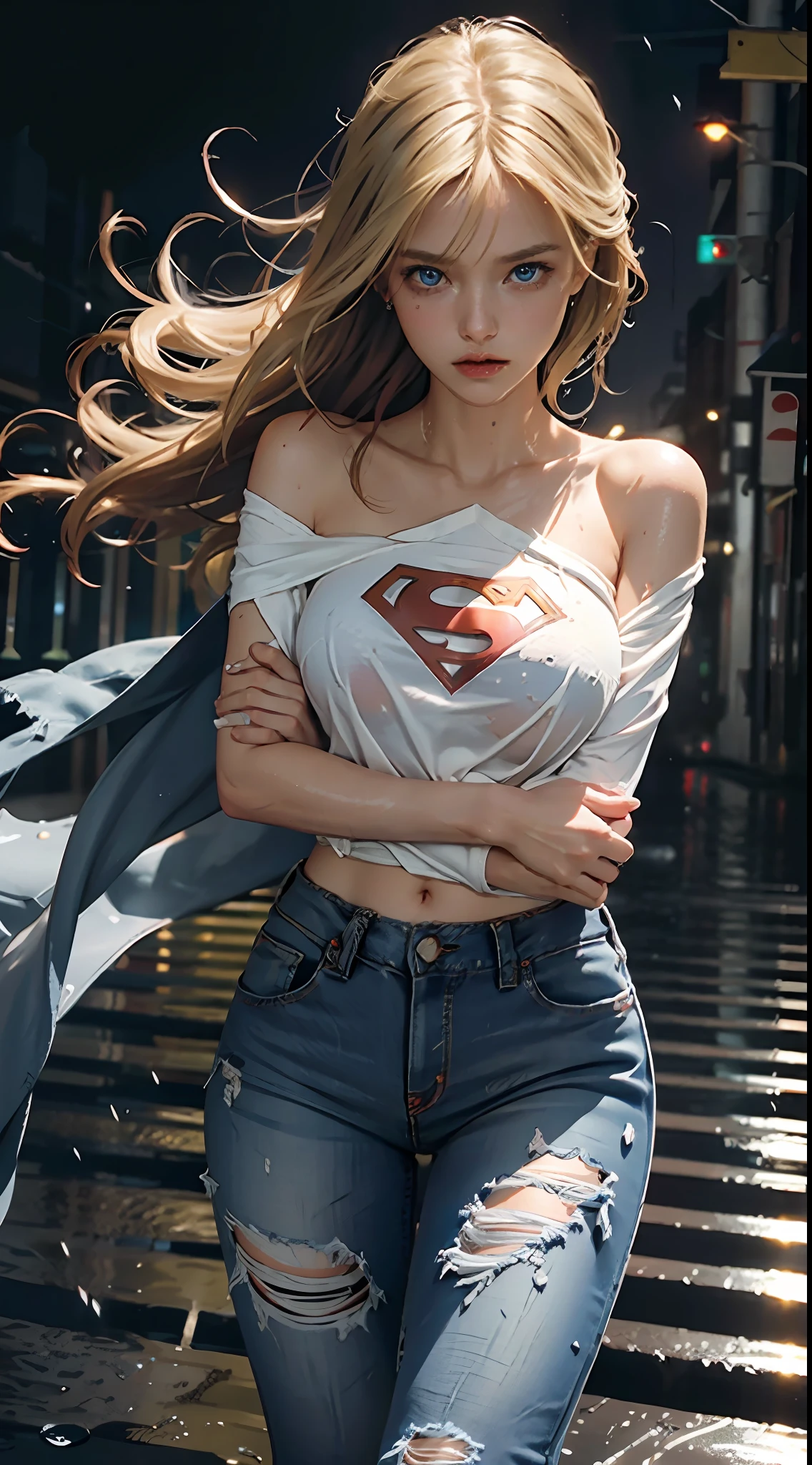 Best image quality, Supergirl masterpiece, super high resolution, (fidelity: 1.4), photo, 1 blonde girl, blue eyes, white shirt with superman symbol S on chest, ripped jeans, white sneakers, dark, darkness, despair, pity, poor, film, tears, teardrops, (torn clothes: 1.5), (wet clothes: 1.4), bare shoulders, real rain, wet hair,..
