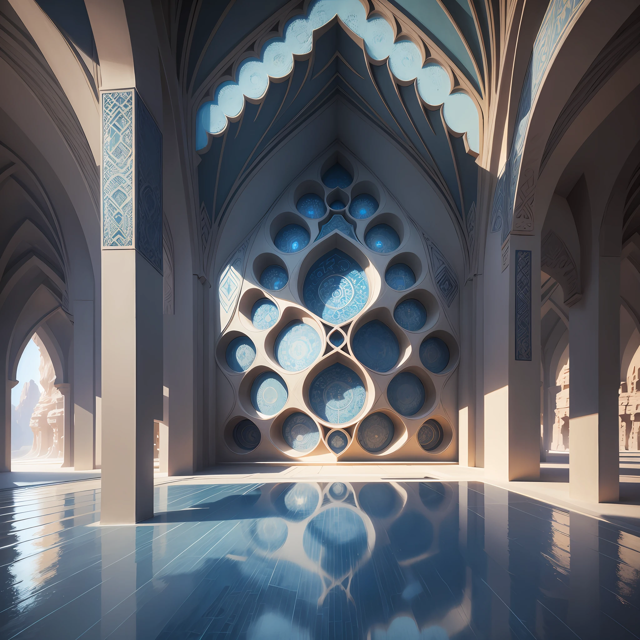 Futuristic Islamic architecture design of cave architecture concept art on desert oasis, islamic architecture, proportional,detailed, cave architecture nature meets futuristic architecture by Toyo Ito ,residential area, futuristic development, high rise balconies, full of rock and glass facades, residential spaces carved from cliff side ,trending on artstation, beautiful lighting,In the style of Arabic calligraphy masterpiece, fantasy, intricate, award winning, 4k, highest quality render --auto --s2
