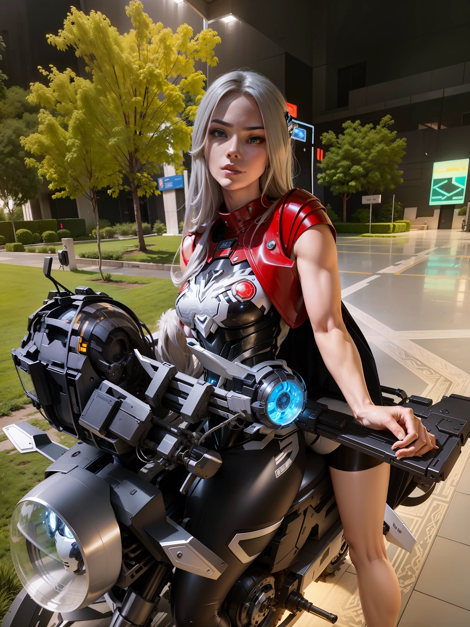 Sexy Cyber Female Warrior with white full enveloping helmet and Cyber mechanical motorcycle with long blonde hair. Full body exquisite high-tech armor, exquisite black tech helmet, Nousr, biomechanics, MSHN robot man, high-tech helmet, surreal, steel, intricate design, crazy details, fine details, extremely clear lines, cinematic lighting, photo realism, detailed masterpiece