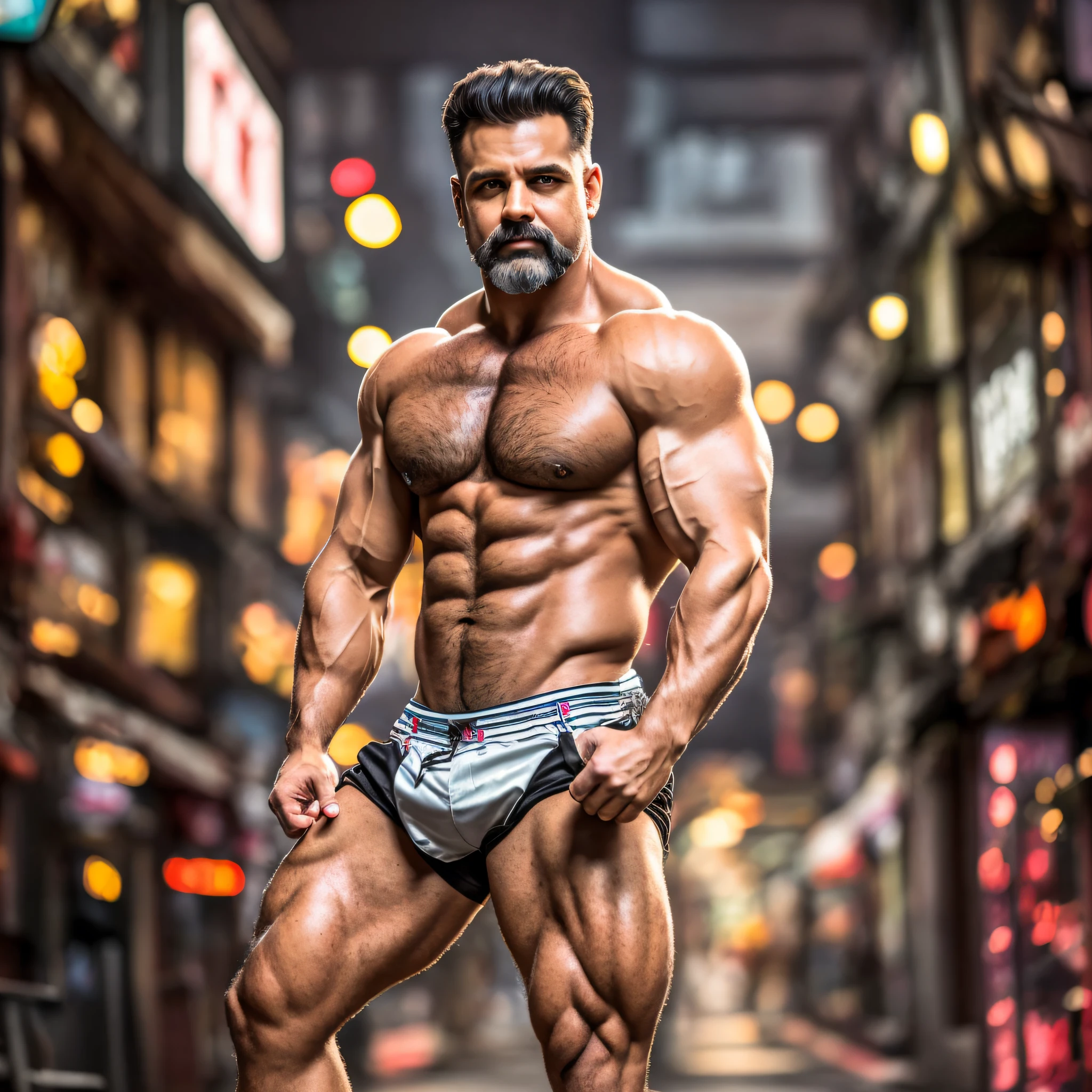 (Highest quality, amazing details: 1.8), masterpiece, original characters, natural volumetric lighting and best shadows, ultra-detailed, best quality, ultra high resolution, professional lighting, photon mapping, radiosity, physically-based rendering, cinematic lighting, deep depth of field, sharp focus, portrait of 45 year old man muscular, bodybuilder, incredibly beautiful, full body, handsome face manly, and attractive with eyes seductive browns, seductive smile, bearded hair and mustache shaggy shaggy windswept hairstyles, thick hairstyles in medium layers, thick lips parted, wearing black leather shirt, (bokeh: 1.2) pose, (messy painted body: 1.05), (background an arcade shop: 1.15), arcade (standing with hands in pocket: 1.2), short hair, ((blush)), overexposure --auto --s2