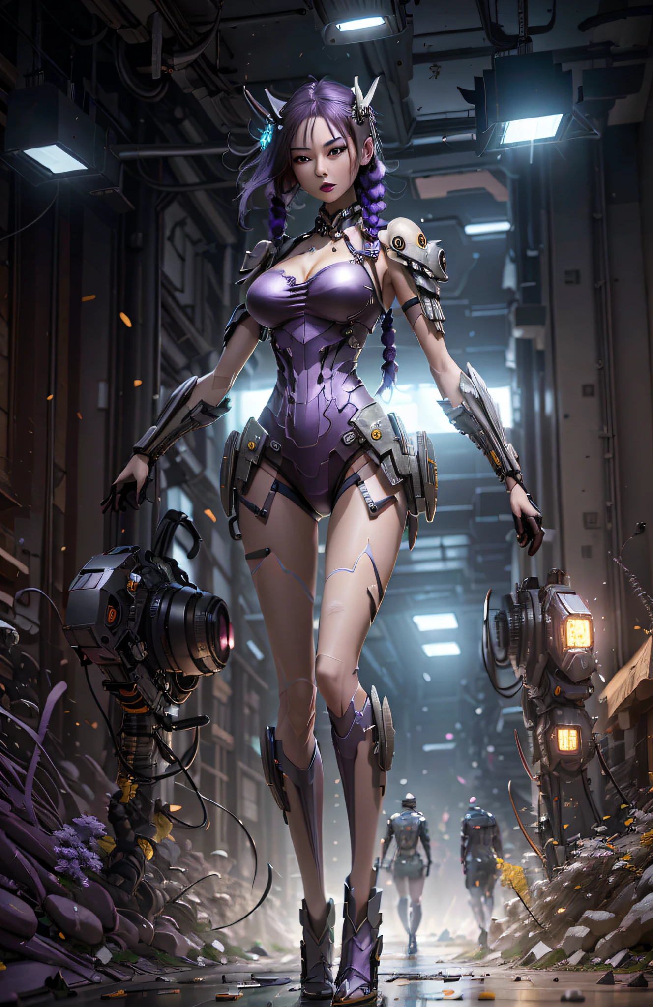 (Best Quality)), ((Masterpiece)), (Very Detailed: 1.3), 3D, Beautiful cyberpunk woman, batman cosplay, sci-fi technology, HDR (High Dynamic Range), ray tracing, nvidia RTX, super resolution, unreal 5, subsurface scattering, PBR texture, post-processing, anisotropic filtering, depth of field, maximum sharpness and sharpness, multi-layer texture, specular and albedo mapping, surface shading, accurate simulation of light-material interactions,  perfect proportions, octane rendering, duotone lighting, low ISO, white balance, rule of thirds, wide aperture, 8K RAW, high efficiency subpixels, subpixel convolution, light particles, light scattering, Tyndall effect, very sexy bikini, full body, battle pose, purple hair with braids,