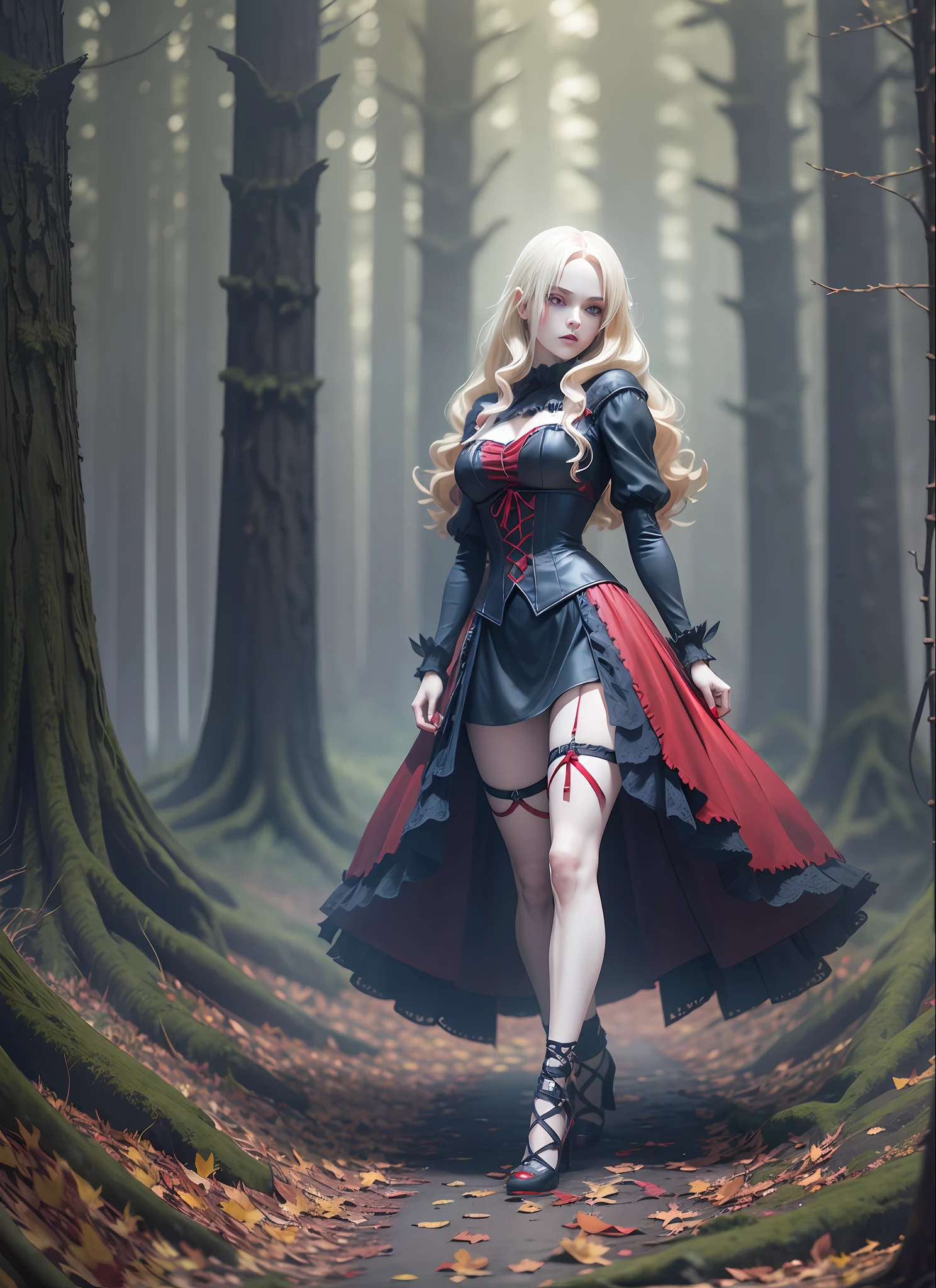Little Red Riding Hood Blonde Hair, Blue Eyes, Pale Face, Dark Look, Gothic Style, Red Bikini Dress, Full Body, Stepping on Blood, In a Dark Dead Forest, Rendered 3D Image, High Quality, Well Detailed --auto --s2