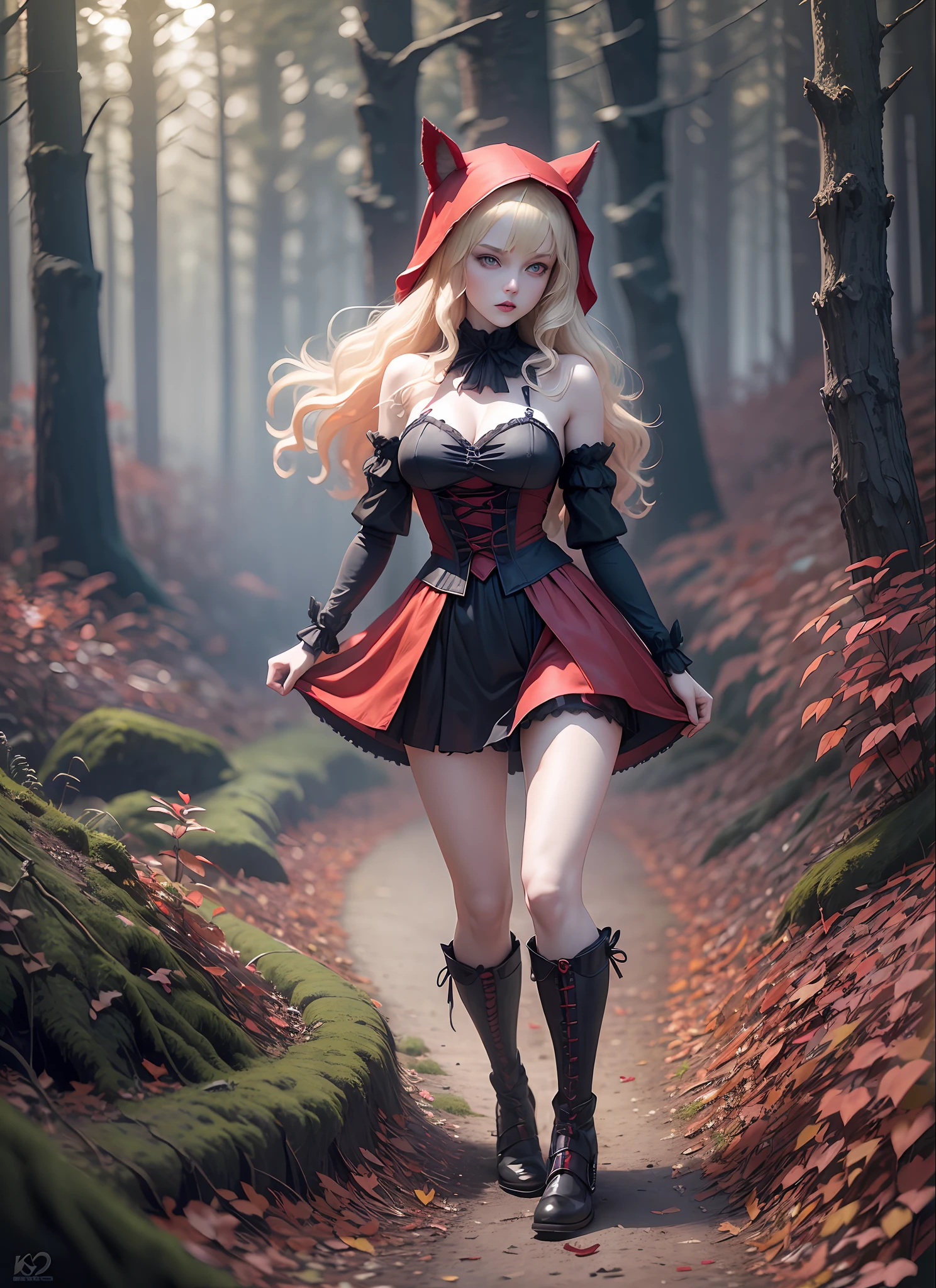 Little Red Riding Hood Blonde Hair, Blue Eyes, Pale Face, Dark Look, Gothic Style, Red Bikini Dress, Full Body, Stepping on Blood, In a Dark Dead Forest, Rendered 3D Image, High Quality, Well Detailed --auto --s2