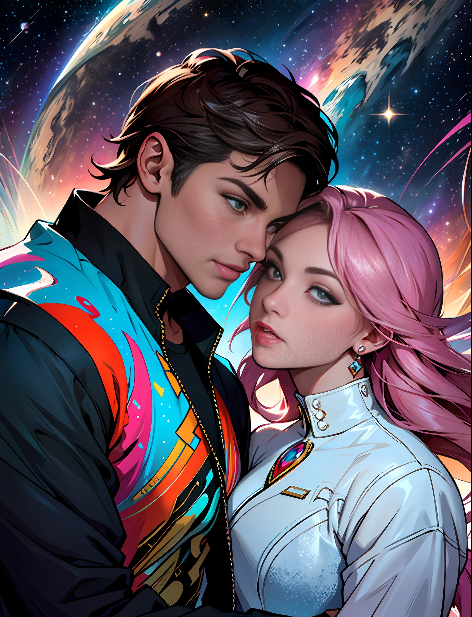 close-up of the most beautiful beautiful woman and man, stylish, fashionable, perfect, elegant tenderness, trendy artstation, Romance, Passion, Cool, Lovers, Lovers, Touch, Weasel from the galaxy of stars underwater, Hyperdetailed, Retrofuturistic, Abstract art, Art by Leonid Afremov, Kandinsky, Psychedelic --v 6
