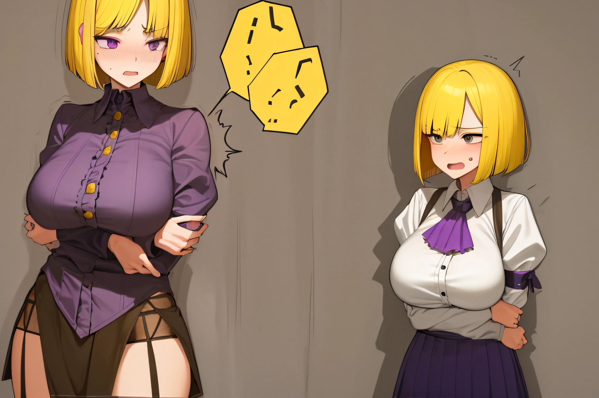 best quality, detailed face, detailed eyes, 1girl, upper body, two panels BREAK, (bob cut:1.5), (split side bangs:1.5), (yellow hair:1.5), (purple eyes:1.5), long hair, (huge breasts: 1.5), :d, (trembling: 1.2), black skirt, long sleeves, meme costume, killer virgin clothing, white shirt, high-waisted skirt, ruffled skirt, pleated skirt, (red neck ascot: 1.5 ), microskirt, (central frill: 1.5) BREAK, breast expansion, (BEPlus: 1.5), (lines of motion: 0.7), tremors, looking at breasts, (embarrassed: 1.3), shocked, excited, focus on breasts, (girl in her room: 1.5), cleavage