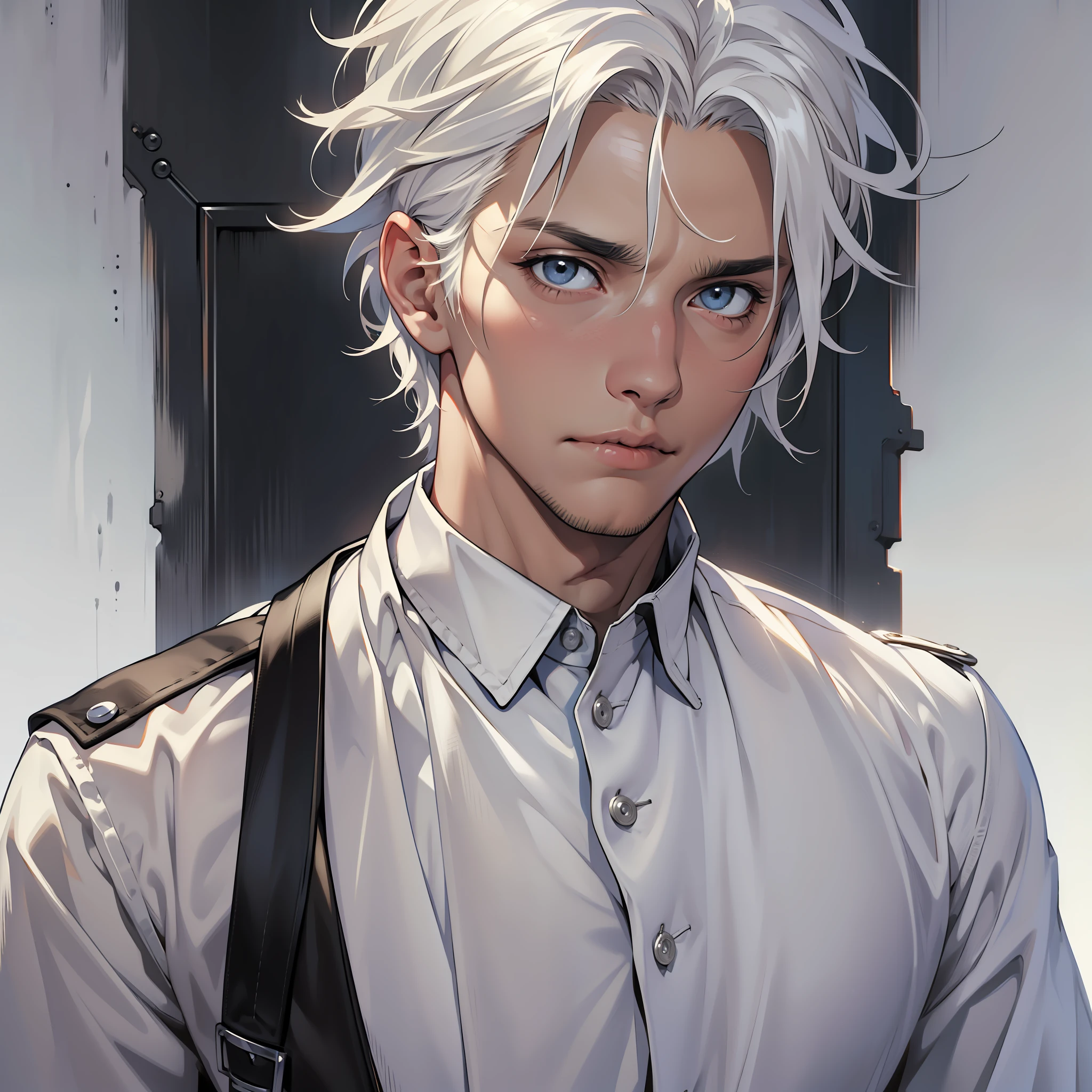 ((realistic: 1.5)),((best quality)), ((masterpiece)),((detailed)), man, young, white-haired, short, black-coated, frightened expression, white background