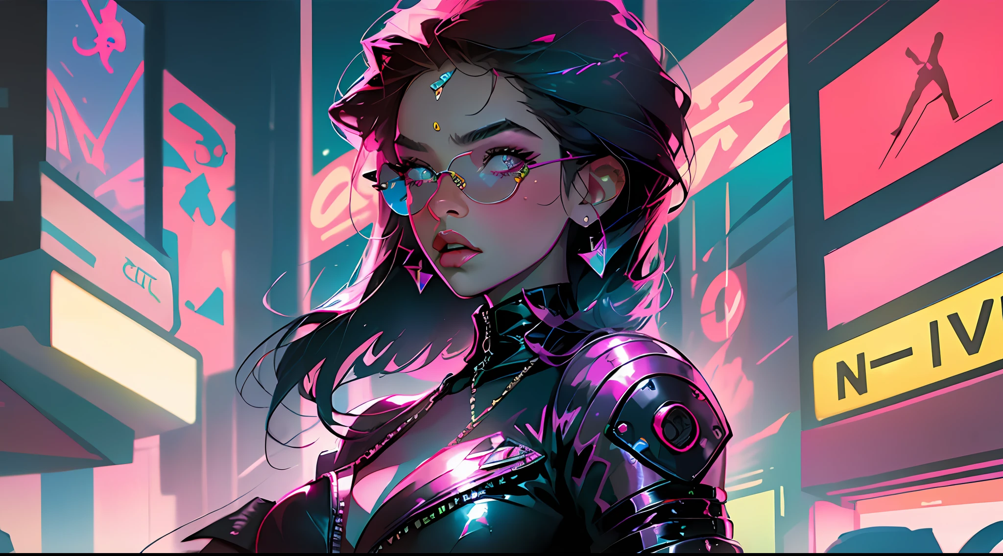 a woman in a disco outfit and sunglasses stands in front of a crowd, 8 0 s neon movie still, neon operator margot robbie, music video, blade runner vibes, woman with rose tinted glasses, retro-wave vibes, unreal engine : : rave makeup, in style of petra collins, neon lenses, gucci glasses, cyberpunk high fashion, cyberpunk eye wear