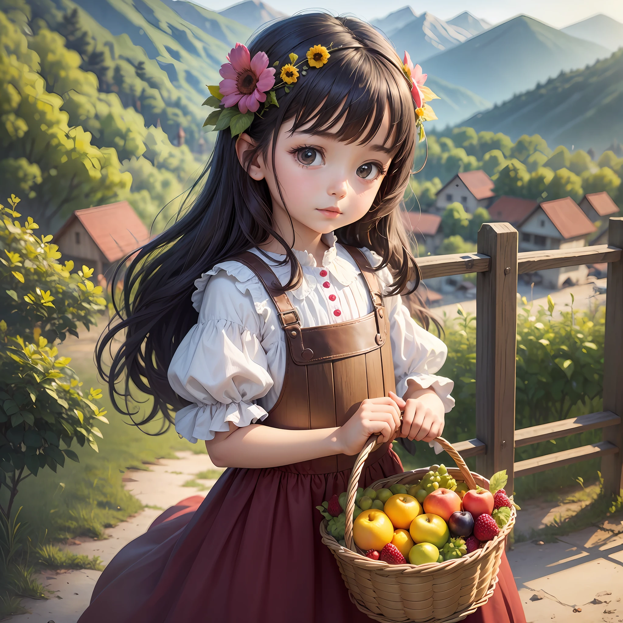 girl in long dress with a basket full of beautiful fruits giving the fruits to her family, friends and neighbors and in the background a beautiful landscape of mountains bright colors beautiful design --auto --s2