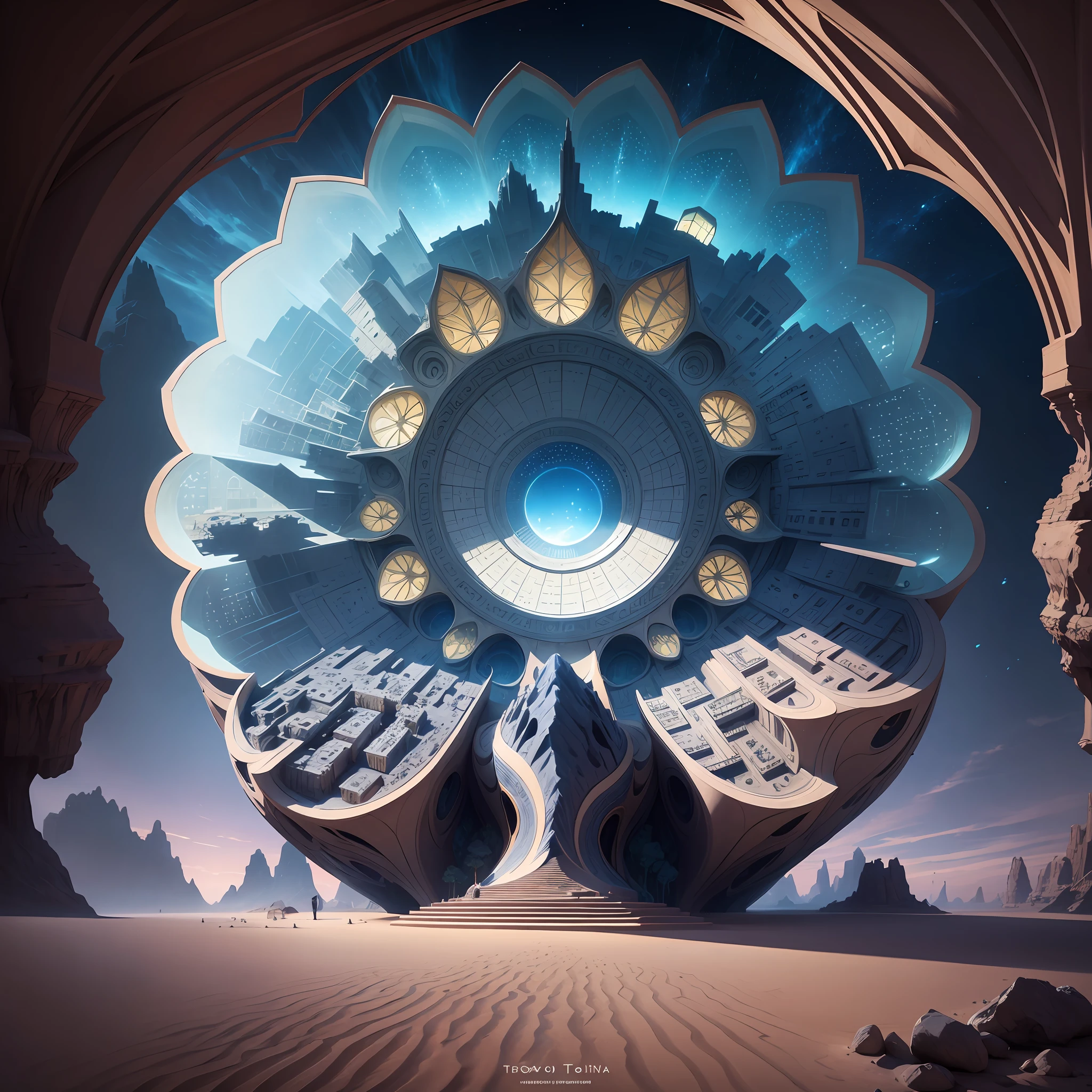 Futuristic Islamic architecture design of cave architecture concept art on desert oasis, islamic architecture, proportional,detailed, cave architecture nature meets futuristic architecture by Toyo Ito ,residential area, futuristic development, high rise balconies, full of rock and glass facades, residential spaces carved from cliff side ,trending on artstation, beautiful lighting,In the style of Arabic calligraphy masterpiece, fantasy, intricate, award winning, 4k, highest quality render --auto --s2