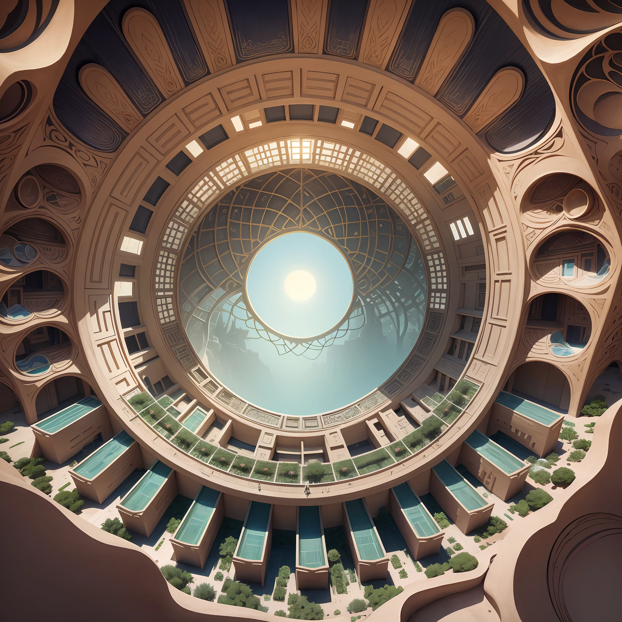 Futuristic Islamic architecture design of cave architecture concept art on desert oasis, islamic architecture, proportional,detailed, cave architecture nature meets futuristic architecture by Toyo Ito ,residential area, futuristic development, high rise balconies, full of rock and glass facades, residential spaces carved from cliff side ,trending on artstation, beautiful lighting,In the style of Arabic calligraphy masterpiece, fantasy, intricate, award winning, 4k, highest quality render --auto --s2