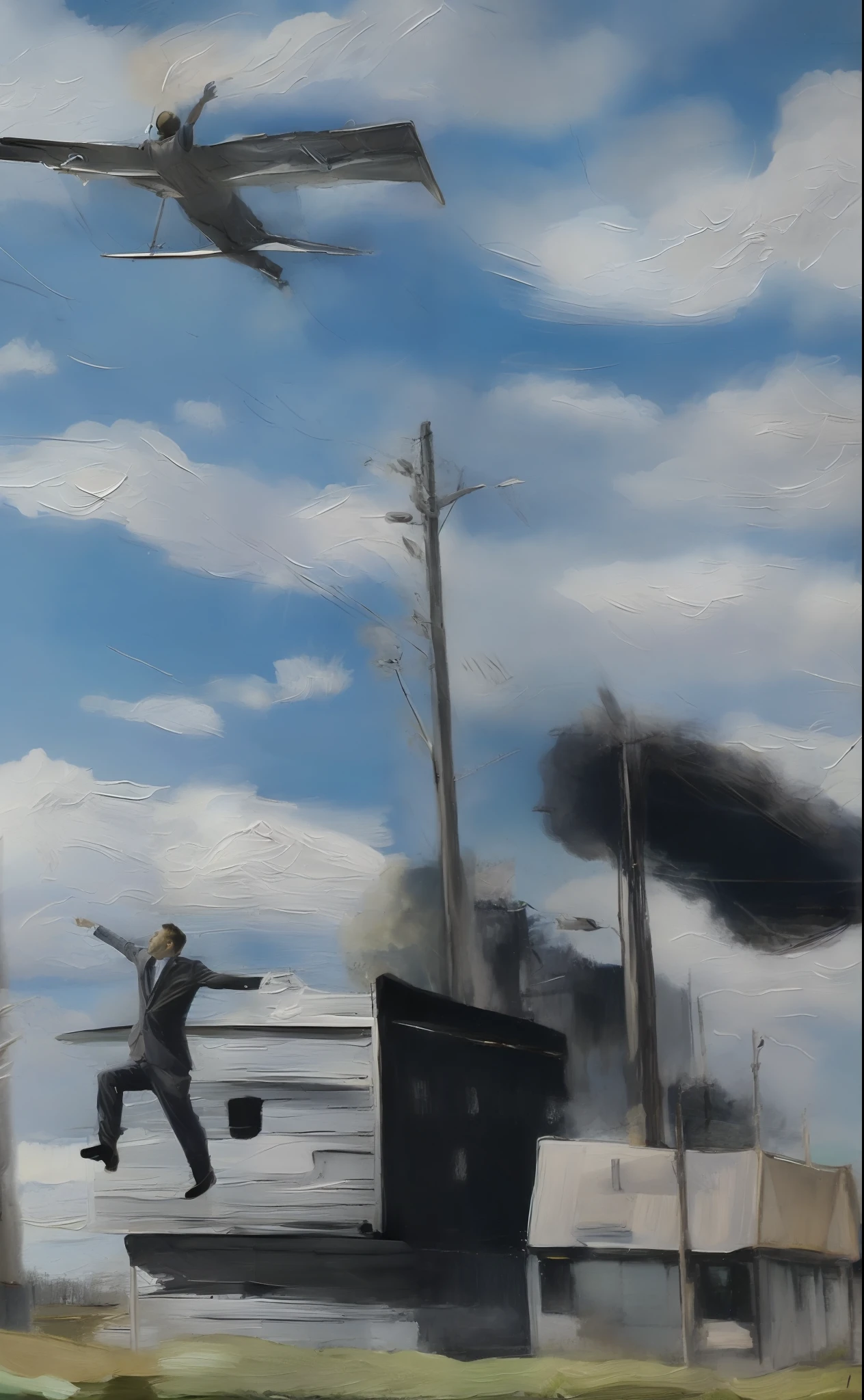 MSE painting, highly detailed brushwork, man flying in the sky with his head down. Draw the whole body. The background is a glass building, black overall, and the painting is dark, eerie and terrifying.