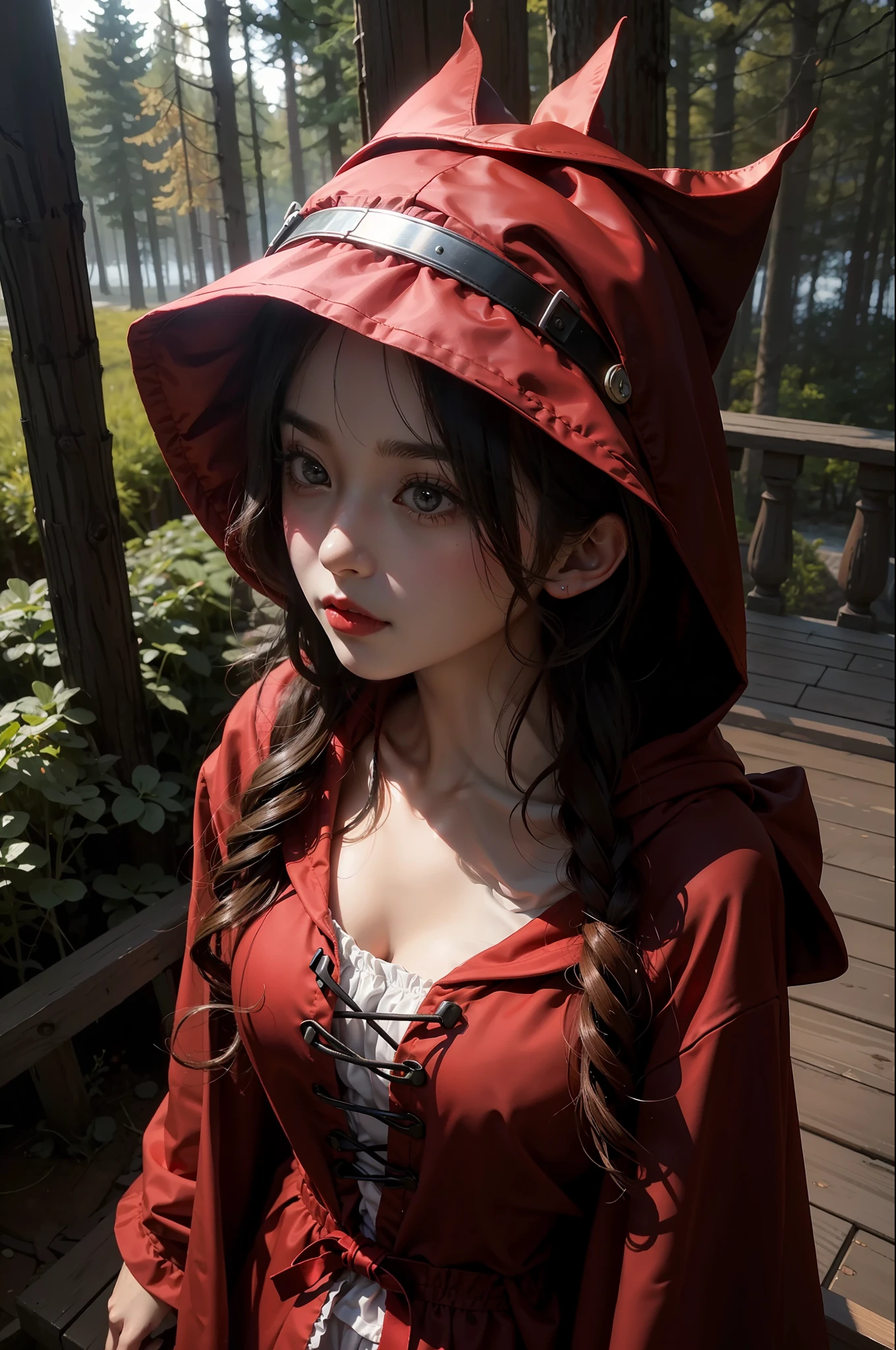 1 girl, curly hair, conservatively dressed, Little Red Riding Hood, Grimm's fairy tale, red hoodie, hood, hood, white shawl, shorts, creek, rocky, character focus, Tyndall effect, cinematic lighting,