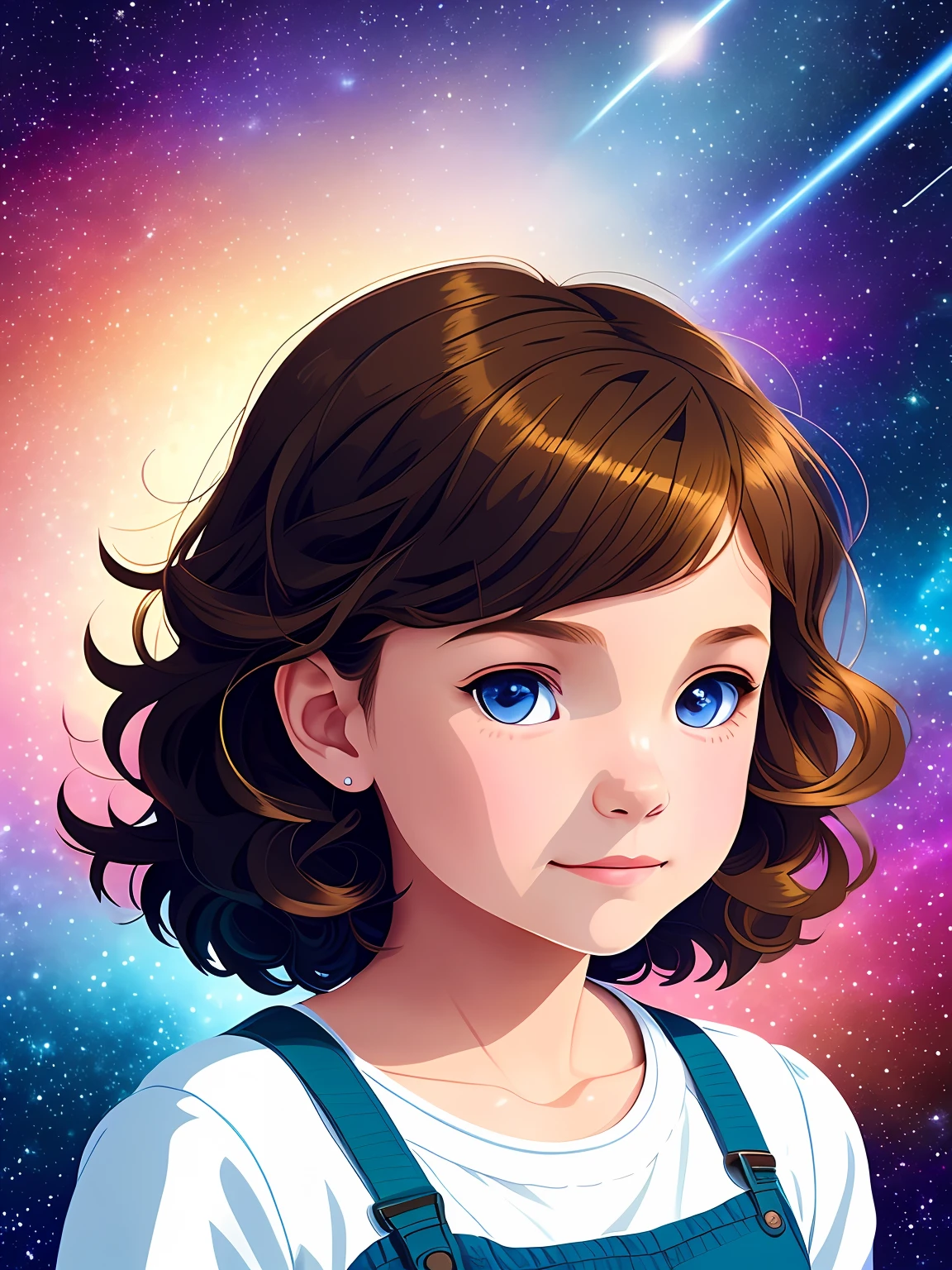 Create an image of a girl up to 10 years old with curly hair and large dark brown eyes, sitting on the sidewalk in front of the house with her grandmother who also has curly hair. They're both looking at the stars.