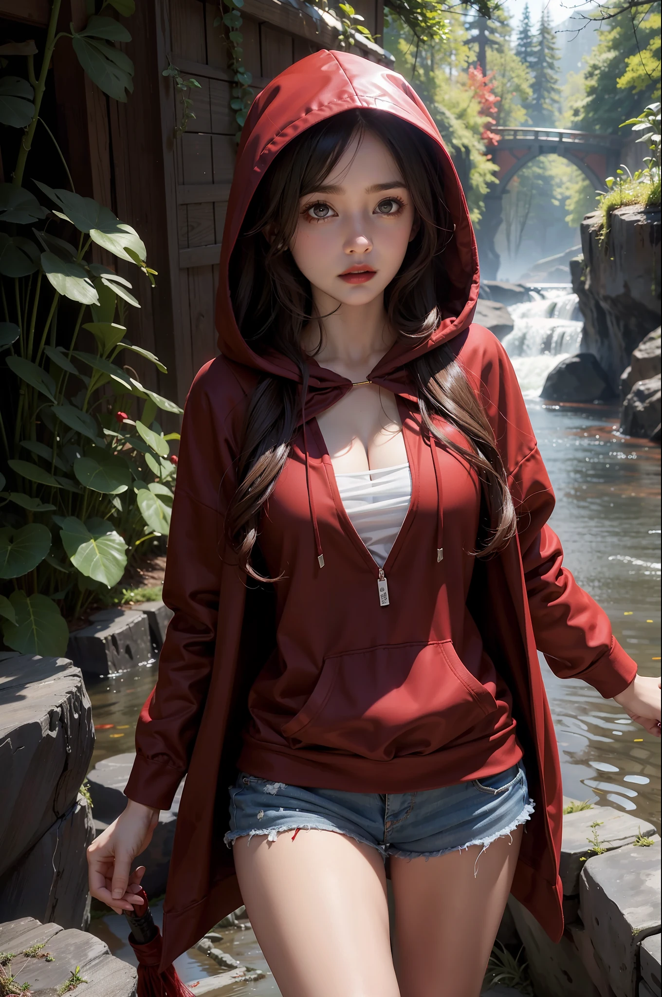 1 girl, curly hair, conservatively dressed, Little Red Riding Hood, Grimm's fairy tale, red hoodie, hood, hood, white shawl, shorts, creek, rocky, character focus, Tyndall effect, cinematic lighting,