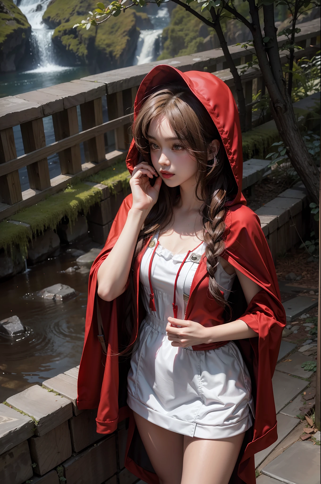 1 girl, curly hair, conservatively dressed, Little Red Riding Hood, Grimm's fairy tale, red hoodie, hood, hood, white shawl, shorts, creek, rocky, character focus, Tyndall effect, cinematic lighting,