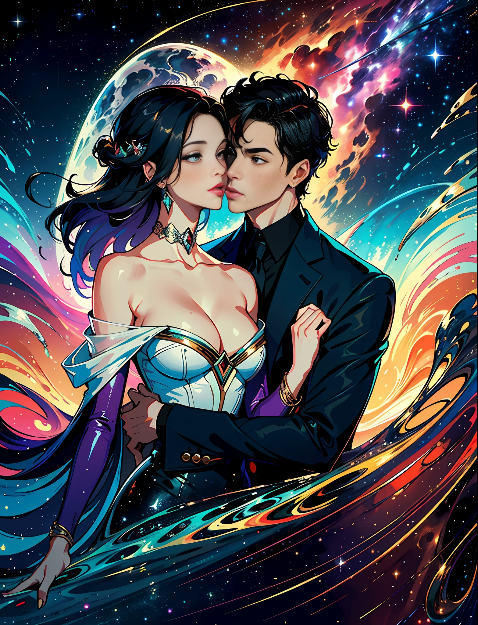 close-up of the most beautiful beautiful woman and man, stylish, fashionable, perfect, elegant tenderness, trendy artstation, Romance, Passion, Cool, Lovers, Lovers, Touch, Weasel from the galaxy of stars underwater, Hyperdetailed, Retrofuturistic, Abstract art, Art by Leonid Afremov, Kandinsky, Psychedelic --v 6