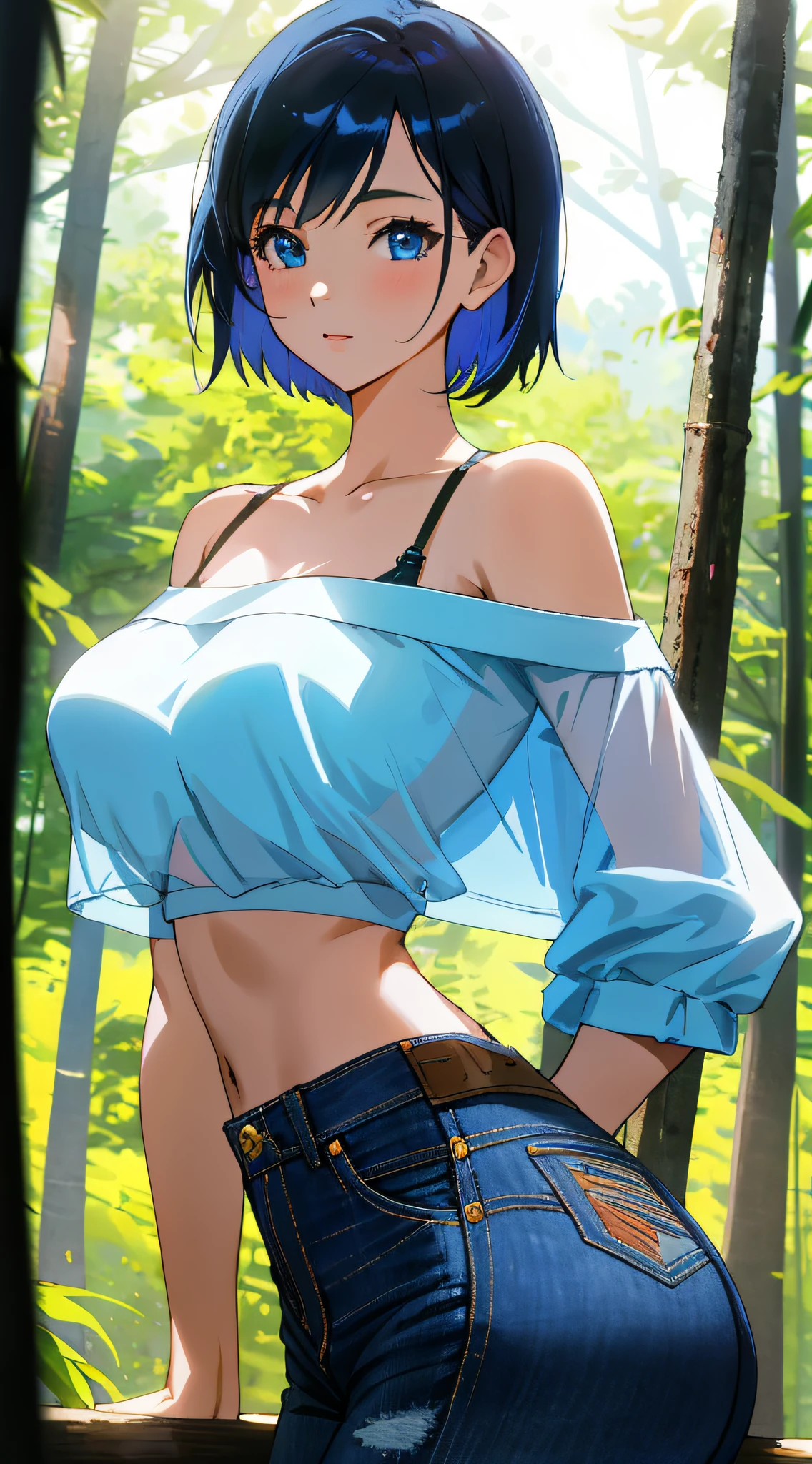 girl, single, best quality, beautiful, pretty, radiant, big breasts, short hair, transparent top, black bra, off-the-shoulder, blue jeans, big ass, lots of details, blue eyes, forest