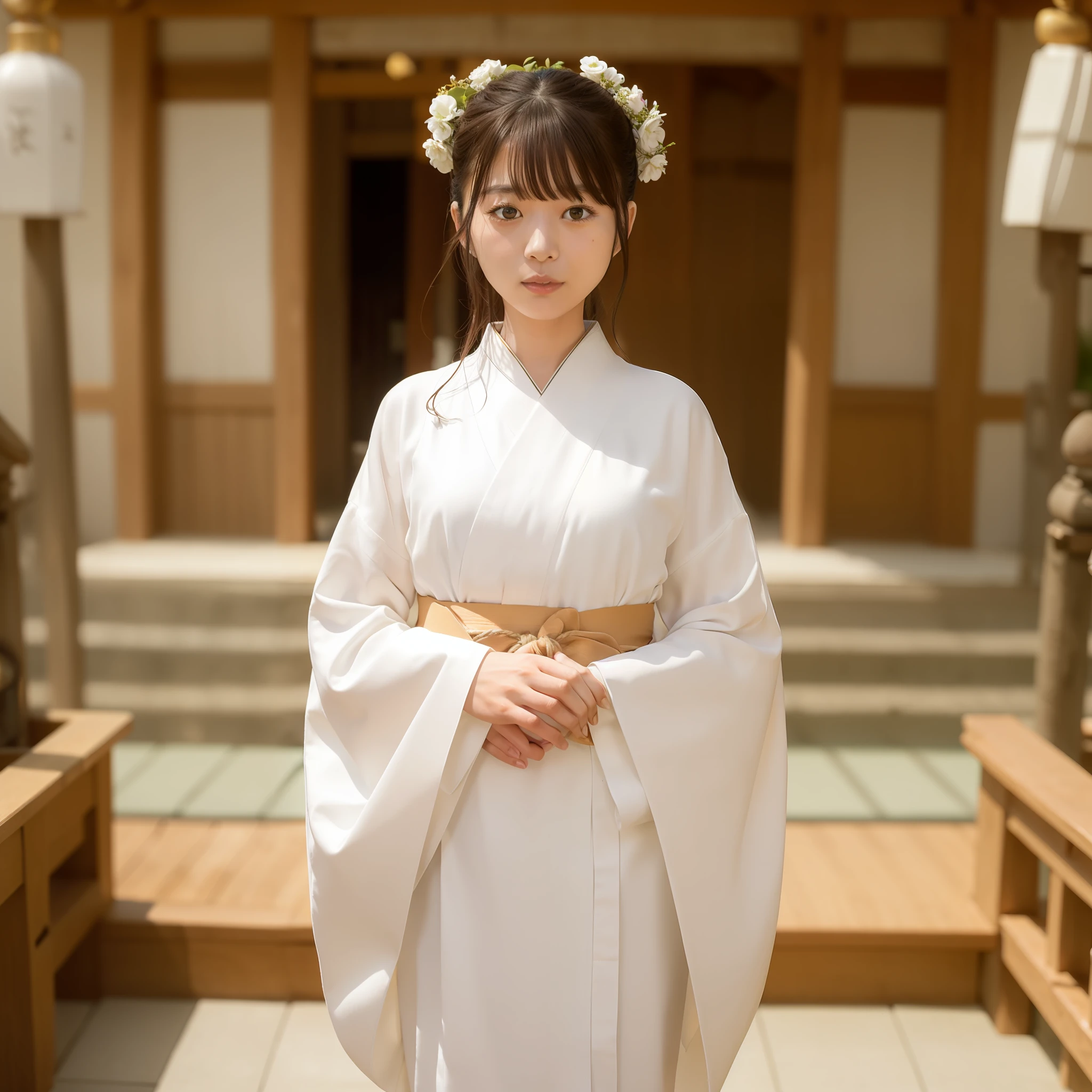 NSFW, 8K Raw Photography, Best Quality, Masterpiece, Ultra HD, Film Grain, filmg, 1girl, Watch Viewer, Natural Skin Texture, Realistic Eye and Face Details,
The occupation is a priestess (Shinto priesthood of Japan shrines), priestess costume (white kimono) (red hakama (a type of clothing worn below the waist in Japanese clothing. Wearing a kimono over a kimono and tied with a string)) (white tabi socks),
Japan people, glasses, 1 8 years old, 1 person (Akiko Takase, Kazue Kato, , Aya Takano, Etsuko Miura, Genzi, Tsugumi Oba, Chiho, Rinko Kawaichi, Takeyuki Kanda),
Height 158 cm, weight 53 kg, bust 83 cm (D cup), waist 61 cm, hips 86 cm,
His personality is naïve,
Smooth black hair that extends to the shoulders (bunched into one), bangs, 
The place is the main shrine of a large shrine in Japan,
As an offering to God, standing upright in front of the altar with a smile
Solo , Full Body