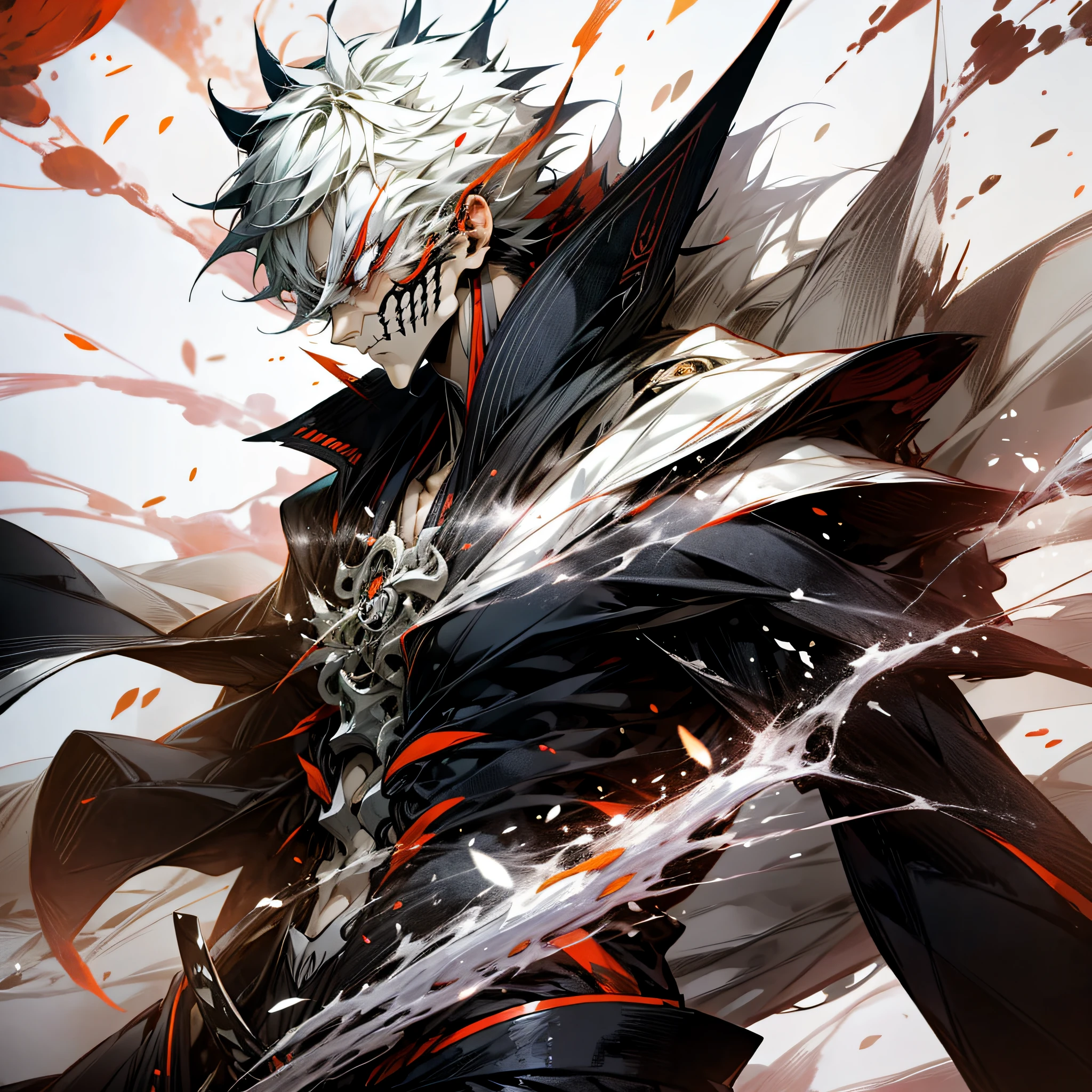Nippon manga style, Ichigo Kurosaki, Shinigami anime, Kamen, 1 man, delicate face, wearing armor, with lightning on his body, zen