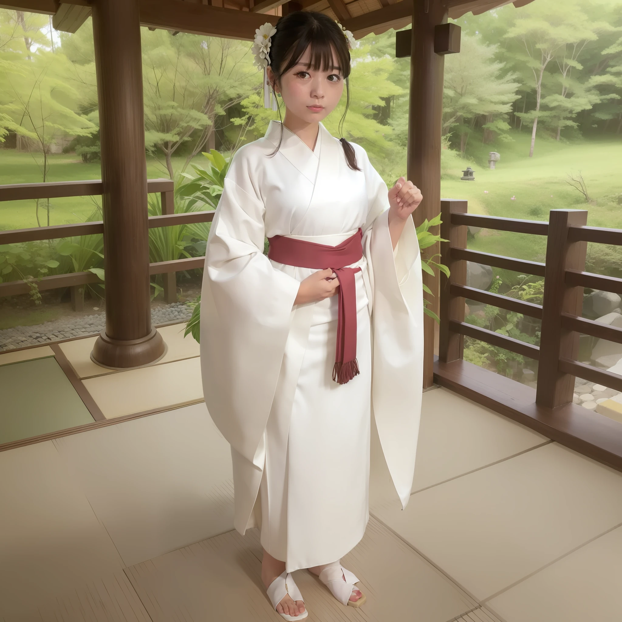 NSFW, 8K Raw Photography, Best Quality, Masterpiece, Ultra HD, Film Grain, filmg, 1girl, Watch Viewer, Natural Skin Texture, Realistic Eye and Face Details,
The occupation is a priestess (Shinto priesthood of Japan shrines), priestess costume (white kimono) (red hakama (a type of clothing worn below the waist in Japanese clothing. Wearing a kimono over a kimono and tied with a string)) (white tabi socks),
Japan people, glasses, 1 8 years old, 1 person (Akiko Takase, Kazue Kato, , Aya Takano, Etsuko Miura, Genzi, Tsugumi Oba, Chiho, Rinko Kawaichi, Takeyuki Kanda),
Height 158 cm, weight 53 kg, bust 83 cm (D cup), waist 61 cm, hips 86 cm,
His personality is naïve,
Smooth black hair that extends to the shoulders (bunched into one), bangs, 
The place is the main shrine of a large shrine in Japan,
As an offering to God, standing upright in front of the altar with a smile
Solo , Full Body